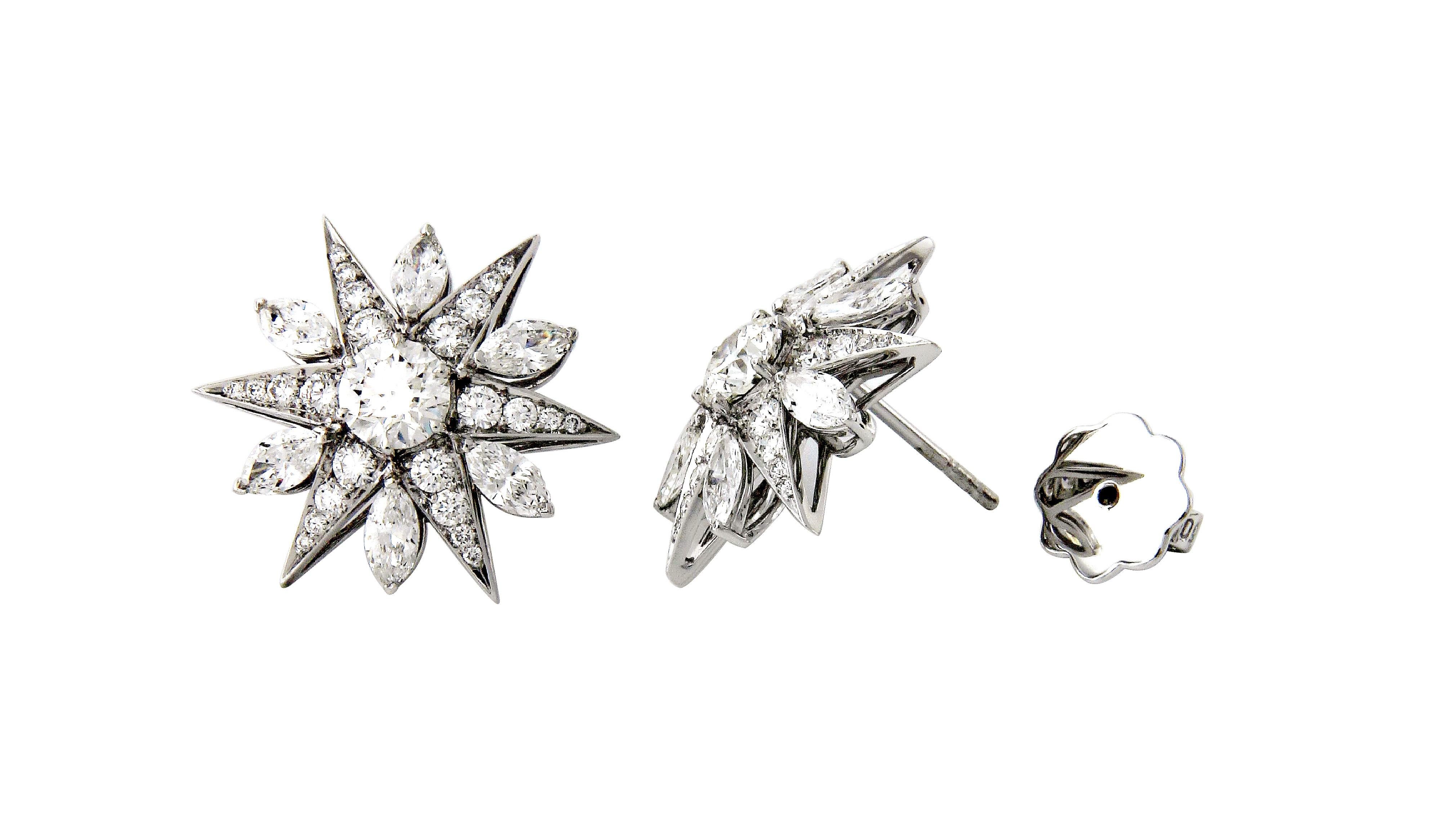 Women's 3.03 Carat Diamond Star Cluster Earrings in 18 Karat White Gold