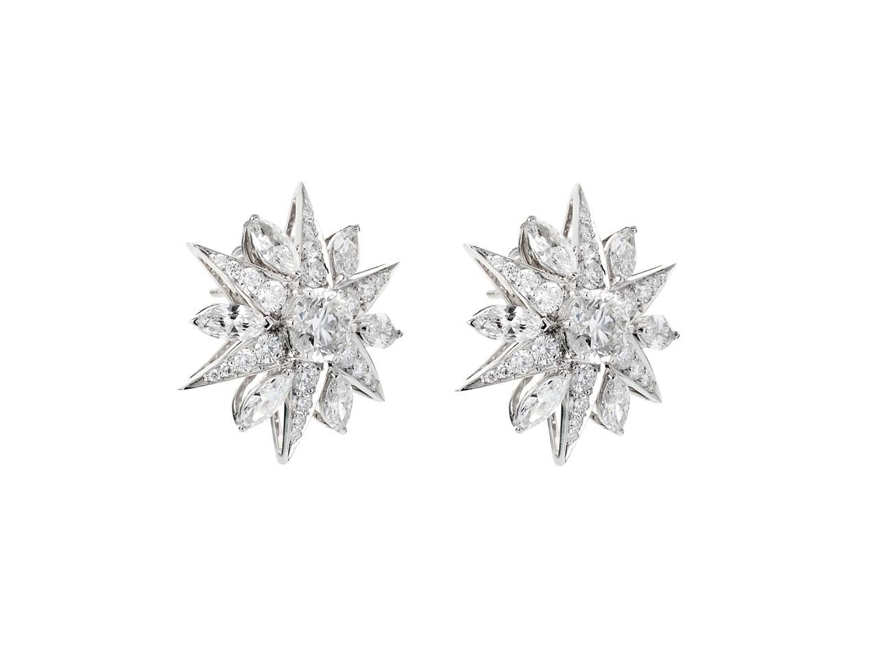 Round Cut 3.03 Carat Diamond Star Cluster Earrings in 18 Karat White Gold