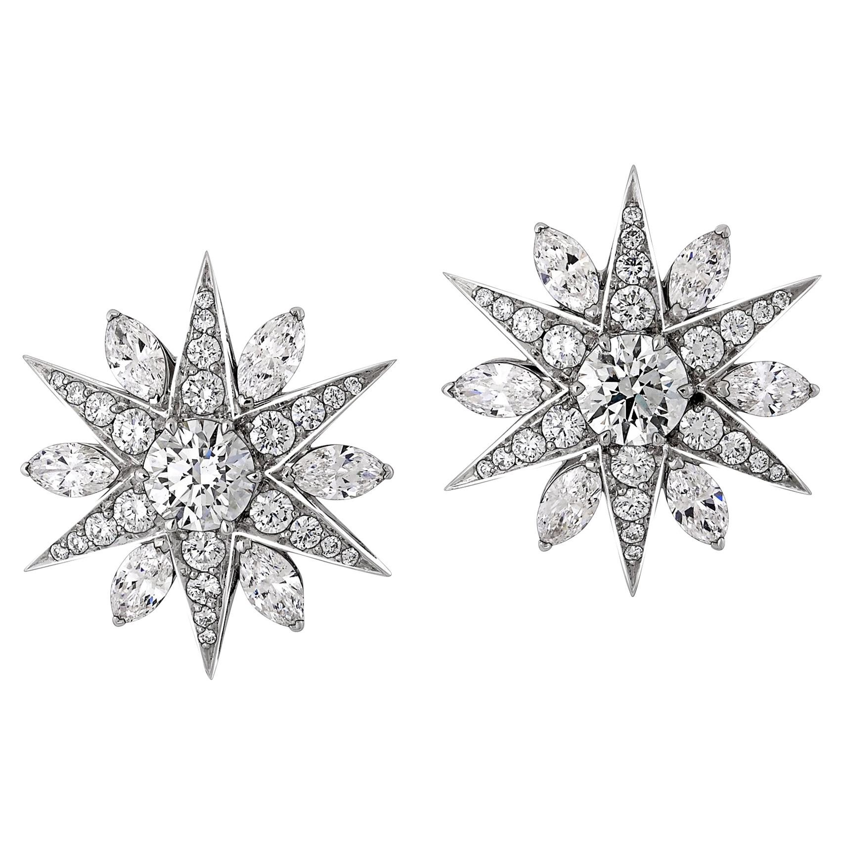 3.03 Carat Diamond Star Cluster Earrings in 18 Karat White Gold