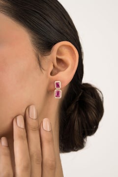 3.03 Carat Emerald Cut Ruby Diamond Halo Double Drop Earrings in 14K Yellow Gold