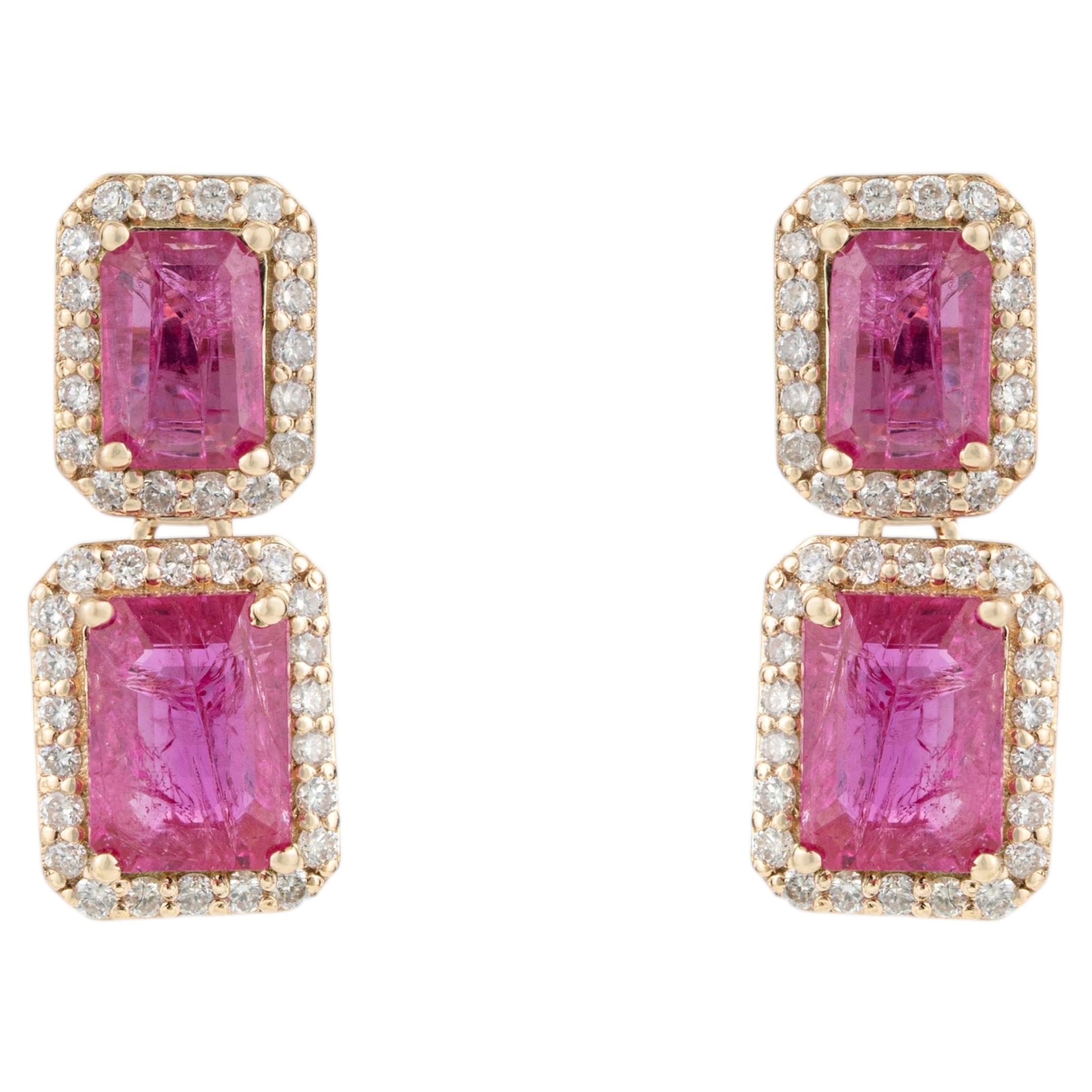 3.03 Carat Emerald Cut Ruby Diamond Halo Double Drop Earrings in 14K Yellow Gold