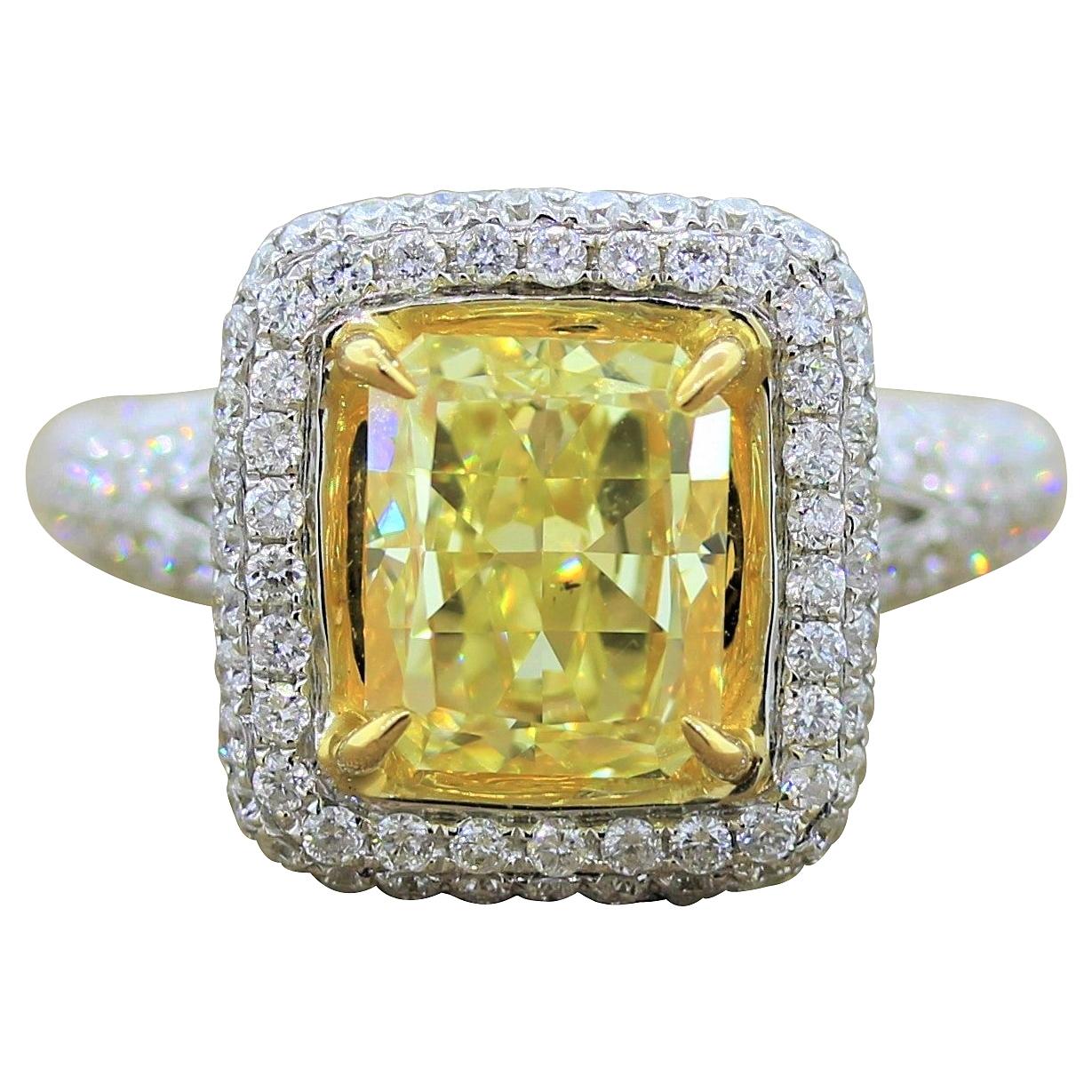 3.03 Carat Fancy Intense Yellow Diamond Gold Ring, EGL Certified