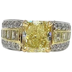 3.03 Carat Fancy Yellow Radiant Diamond JB Star Platinum and 18 Karat Gold Ring