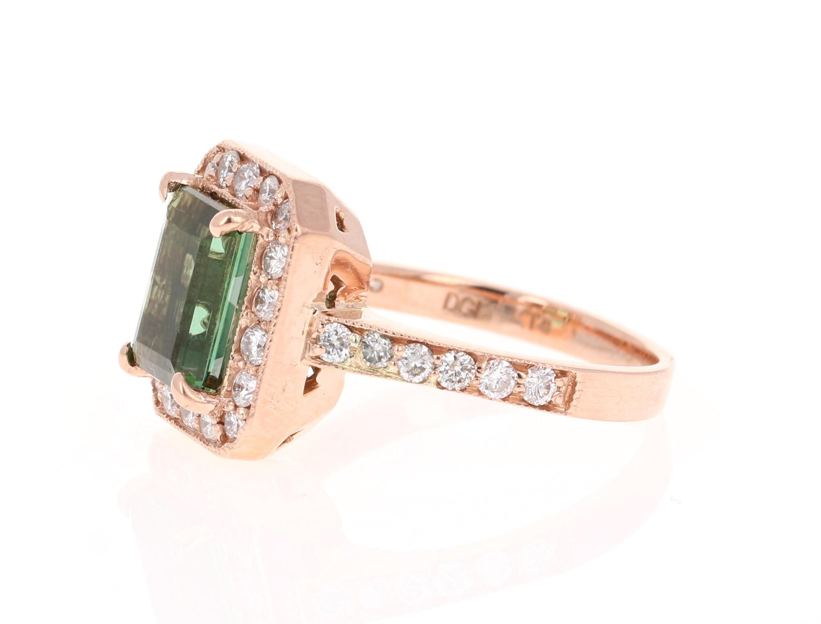 Contemporary 3.03 Carat Green Tourmaline Diamond 14 Karat Rose Gold Engagement Ring For Sale