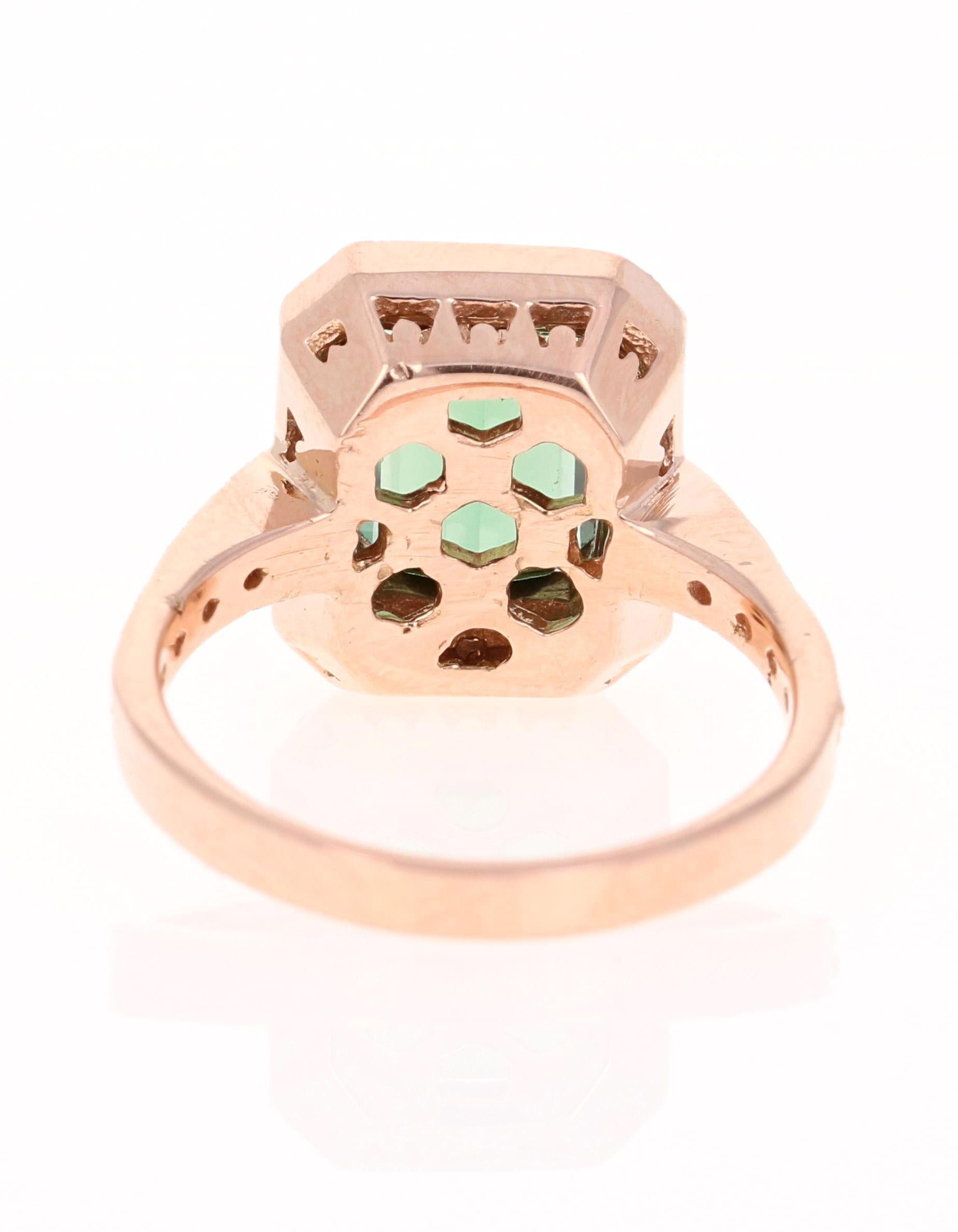 Emerald Cut 3.03 Carat Green Tourmaline Diamond 14 Karat Rose Gold Engagement Ring For Sale