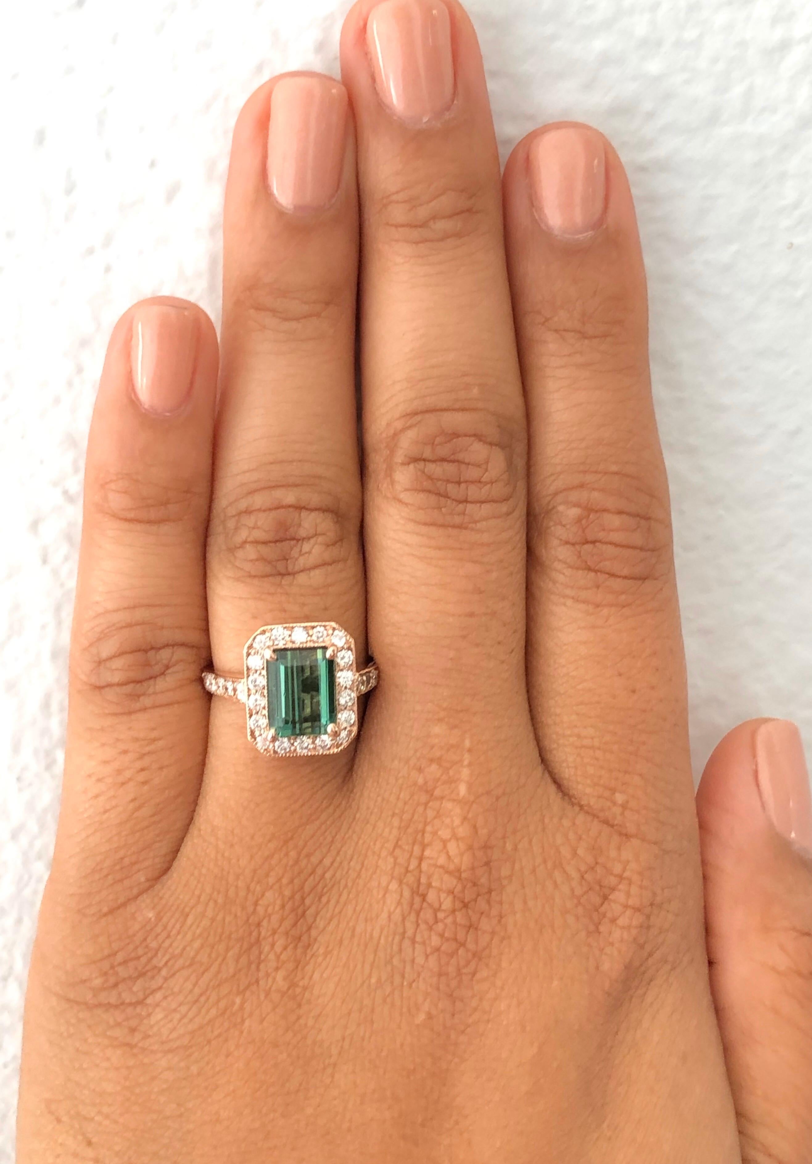 3.03 Carat Green Tourmaline Diamond 14 Karat Rose Gold Engagement Ring In New Condition For Sale In Los Angeles, CA