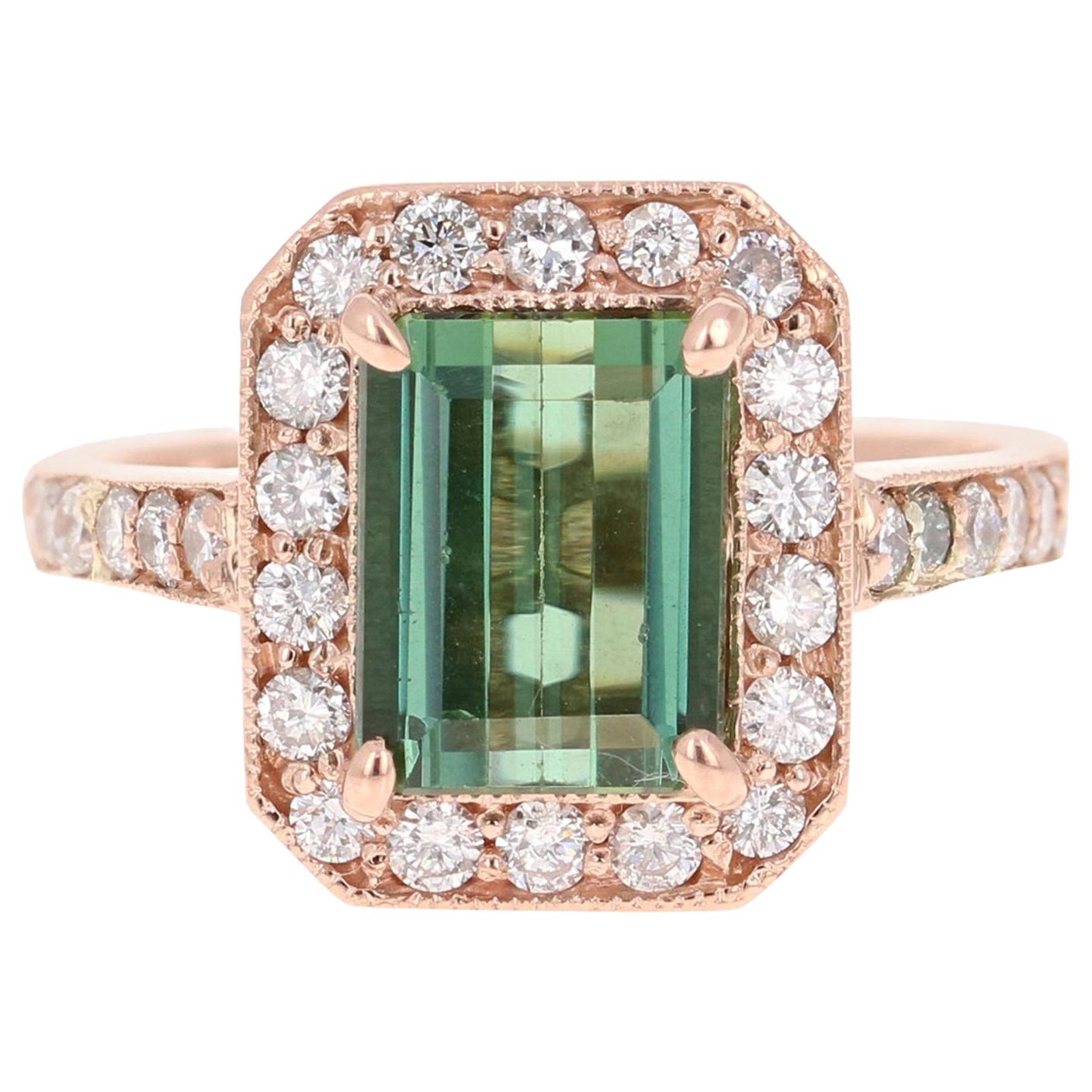 3.03 Carat Green Tourmaline Diamond 14 Karat Rose Gold Engagement Ring For Sale