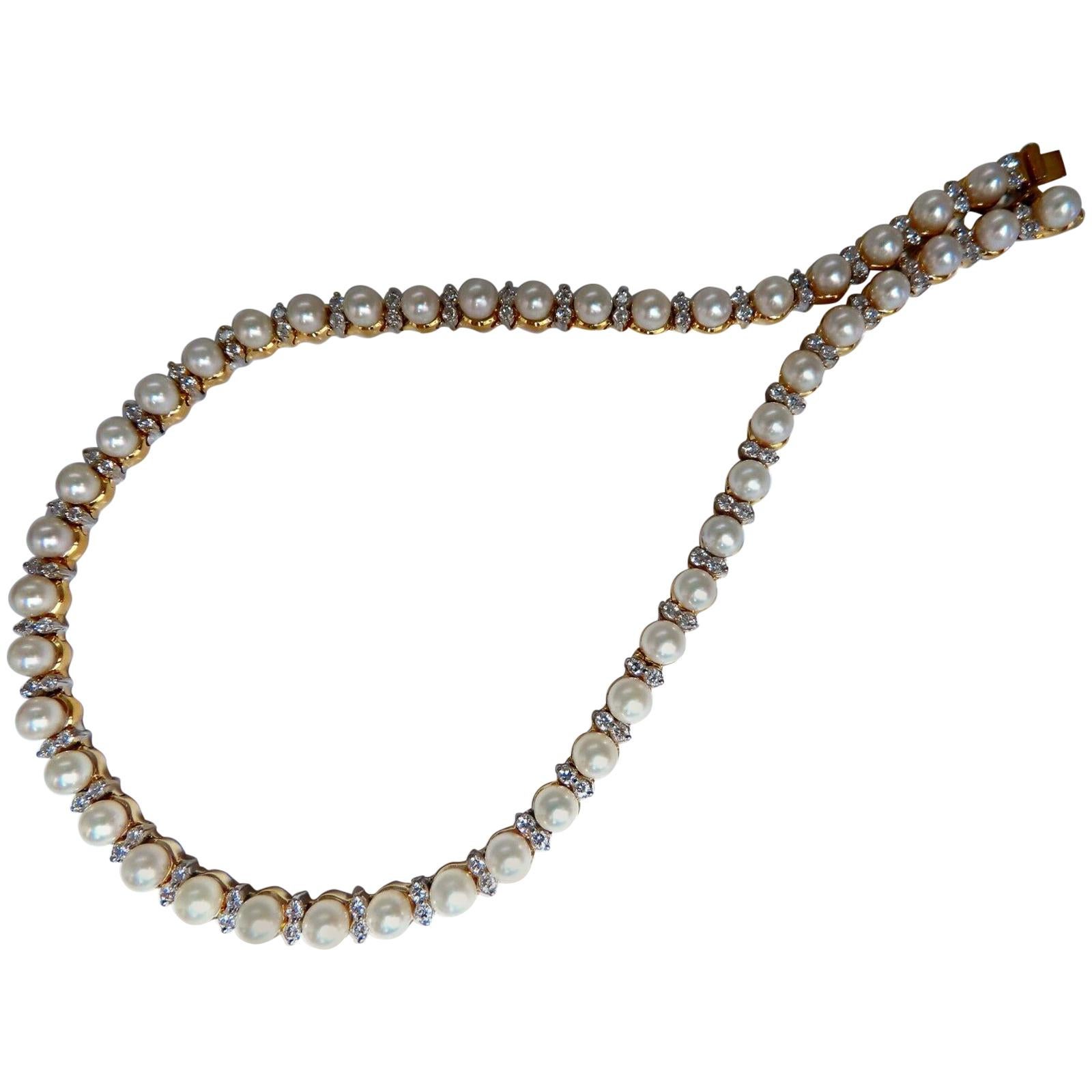 3.03 Carat Natural Akoya Pearls and Diamonds Riviera Necklace 14 Karat Gold For Sale