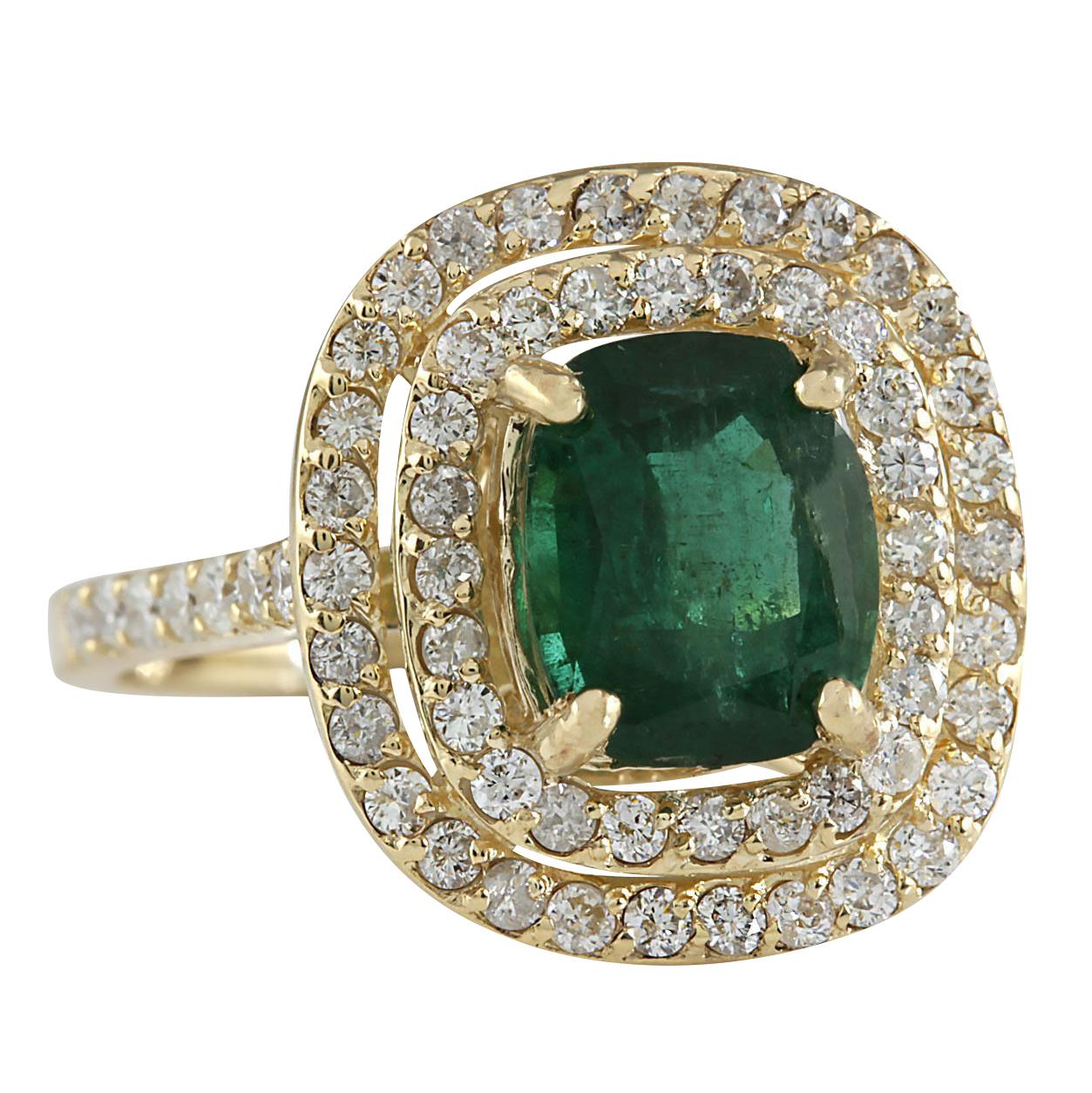 3.03 Carat Natural Emerald 14 Karat Yellow Gold Diamond Ring
Stamped: 14K Yellow Gold
Total Ring Weight: 5.2 Grams
Total Natural Emerald Weight is 2.03 Carat (Measures: 9.00x7.00 mm)
Color: Green
Total Natural Diamond Weight is 1.00 Carat
Color: