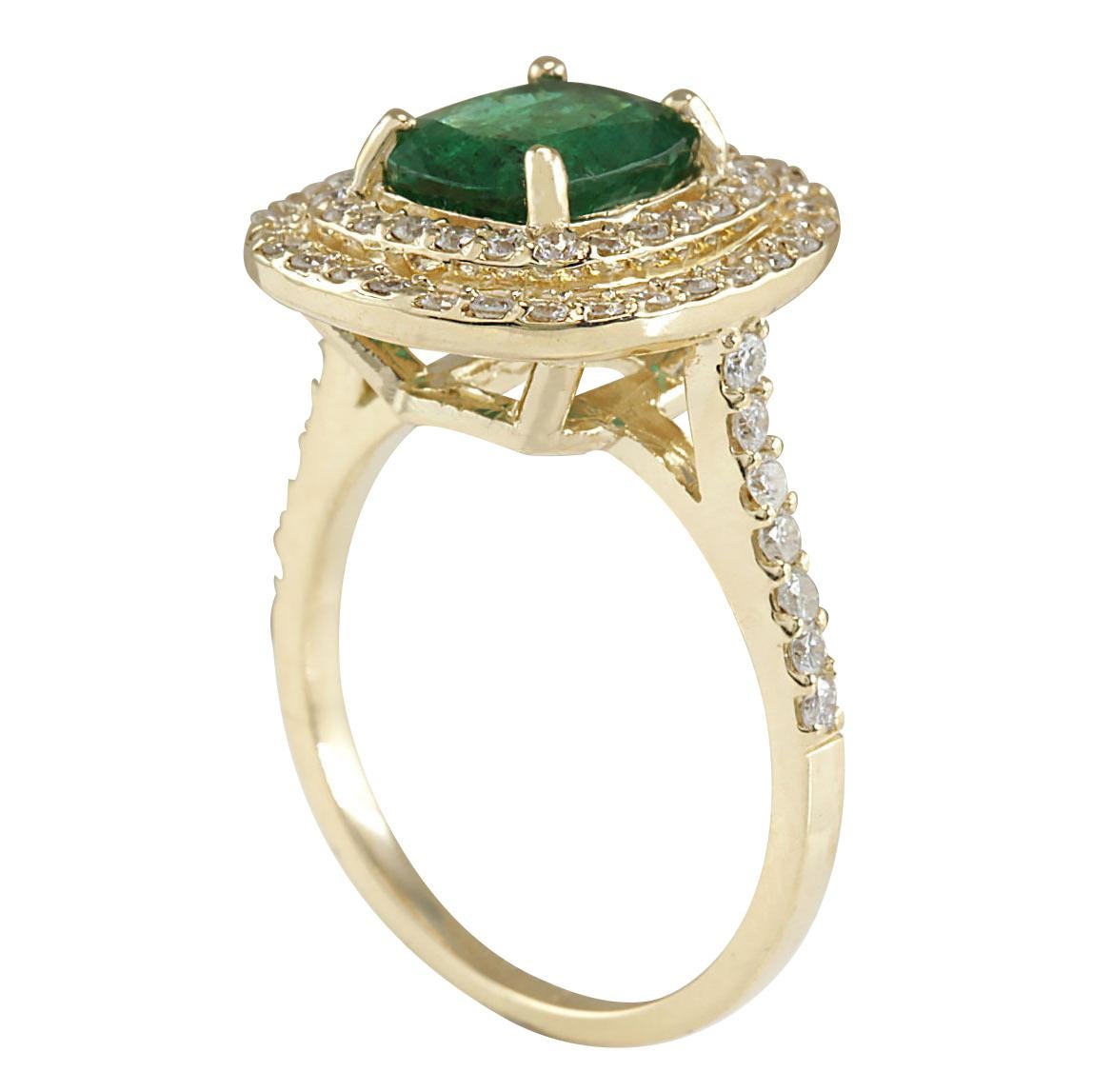 Cushion Cut Emerald Diamond Ring In 14 Karat Yellow Gold  For Sale