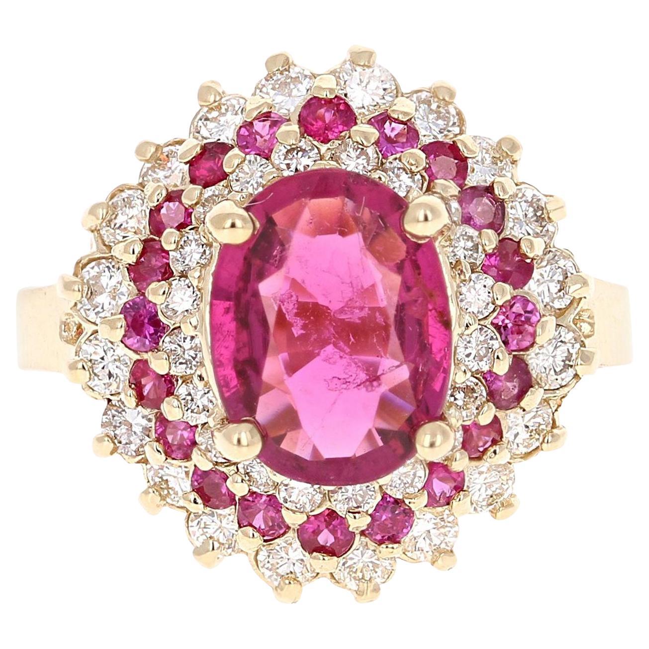 3.03 Carat Natural Tourmaline Sapphire Diamond Yellow Gold Cocktail Ring