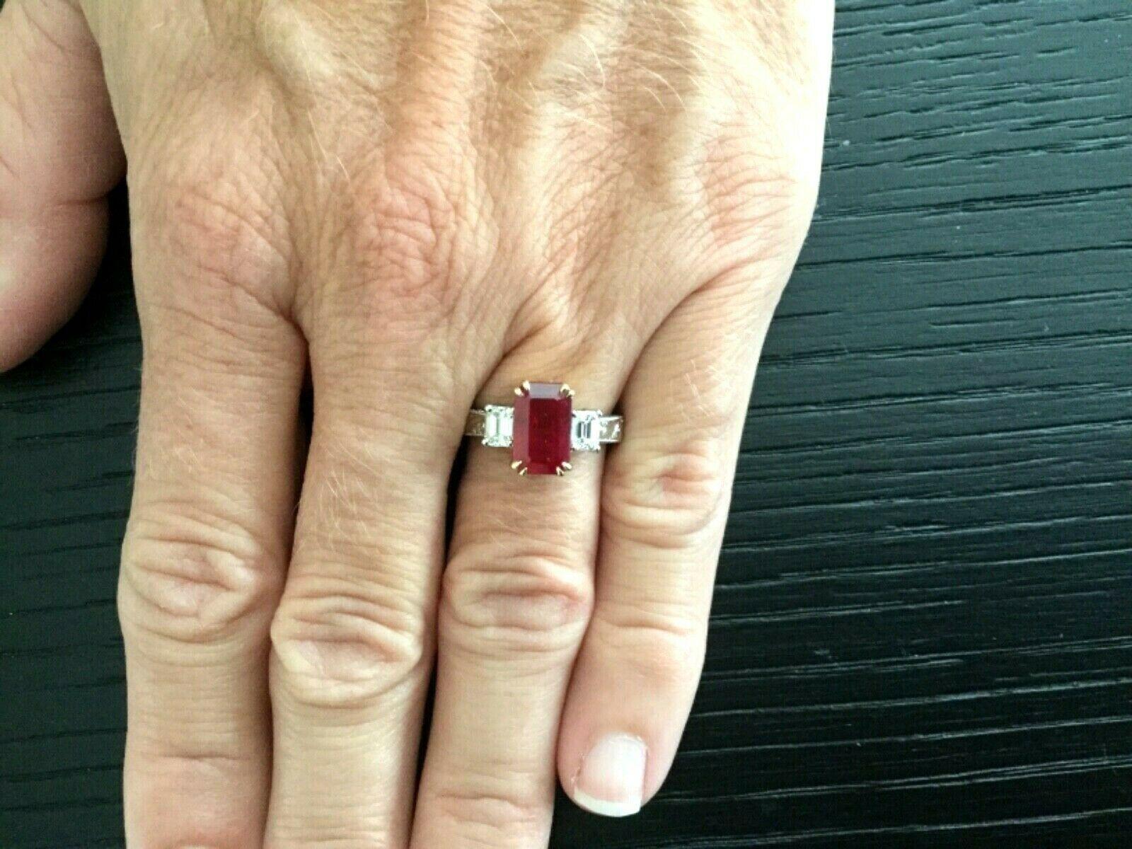 Emerald Cut 3.03 Carat Natural Vivid Red Burma Ruby and Diamond Ring GIA Certified