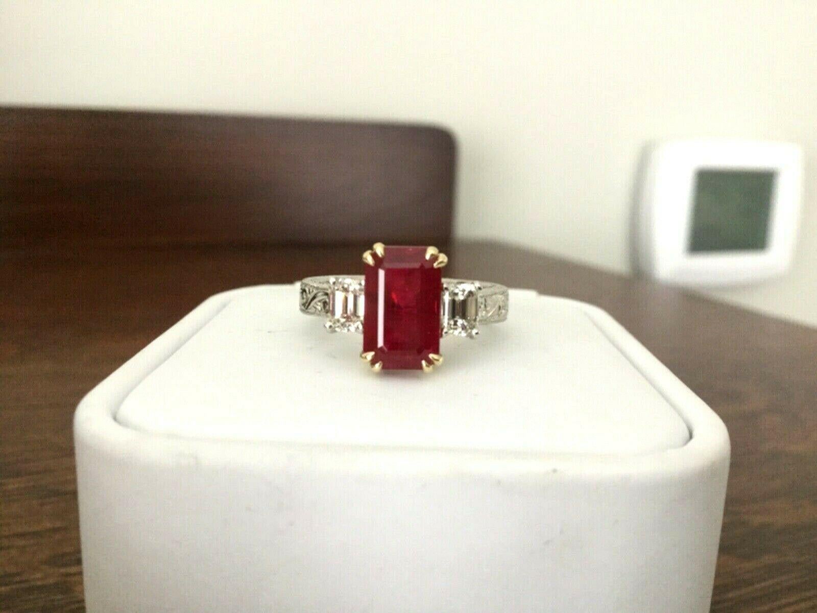 3.03 Carat Natural Vivid Red Burma Ruby and Diamond Ring GIA Certified 2