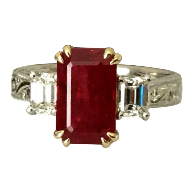 3.03 Carat Natural Vivid Red Burma Ruby and Diamond Ring GIA Certified