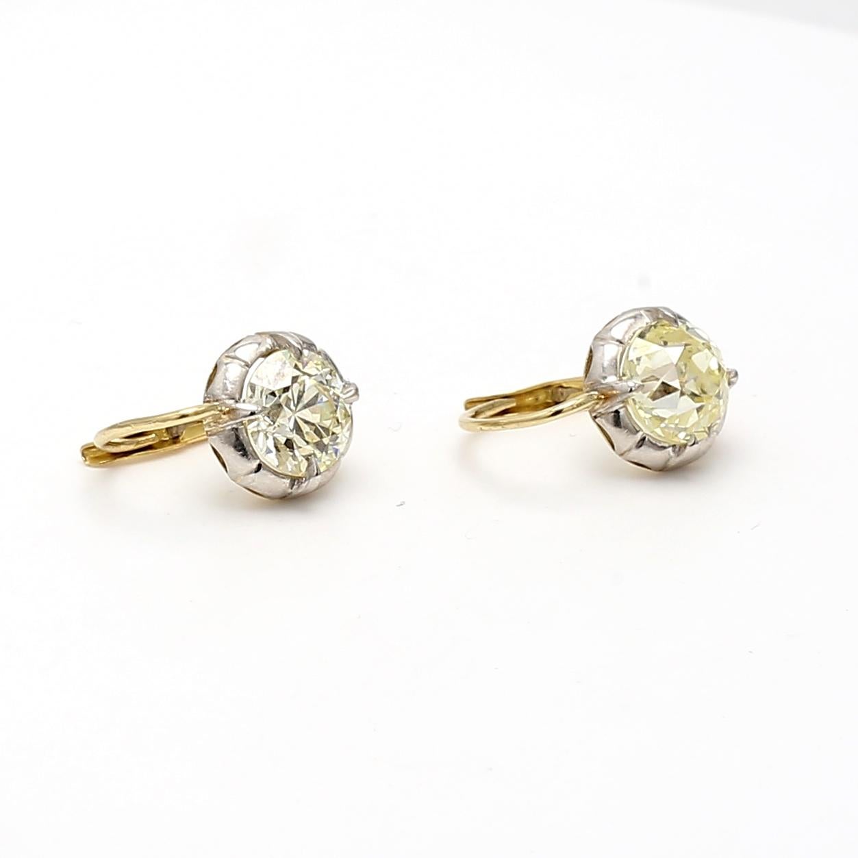 3.03 Carat Old European and Circular Brilliant Diamond 18K Gold-Silver Earrings For Sale 6