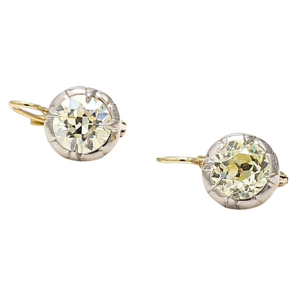 3.03 Carat Old European and Circular Brilliant Diamond 18K Gold-Silver Earrings For Sale