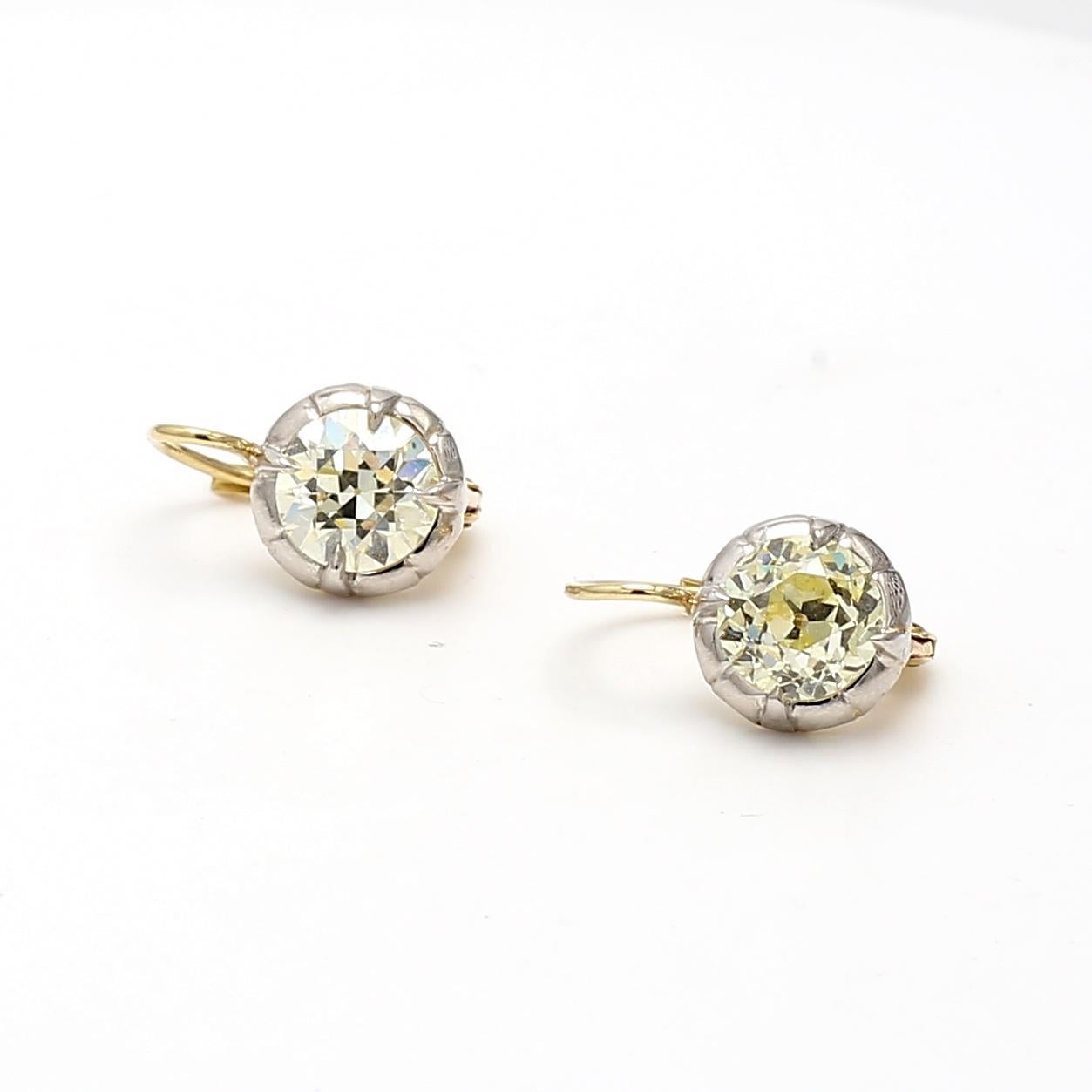 3.03 Carat Old European Diamond 18K YG Silver Leverback Earrings For Sale 8