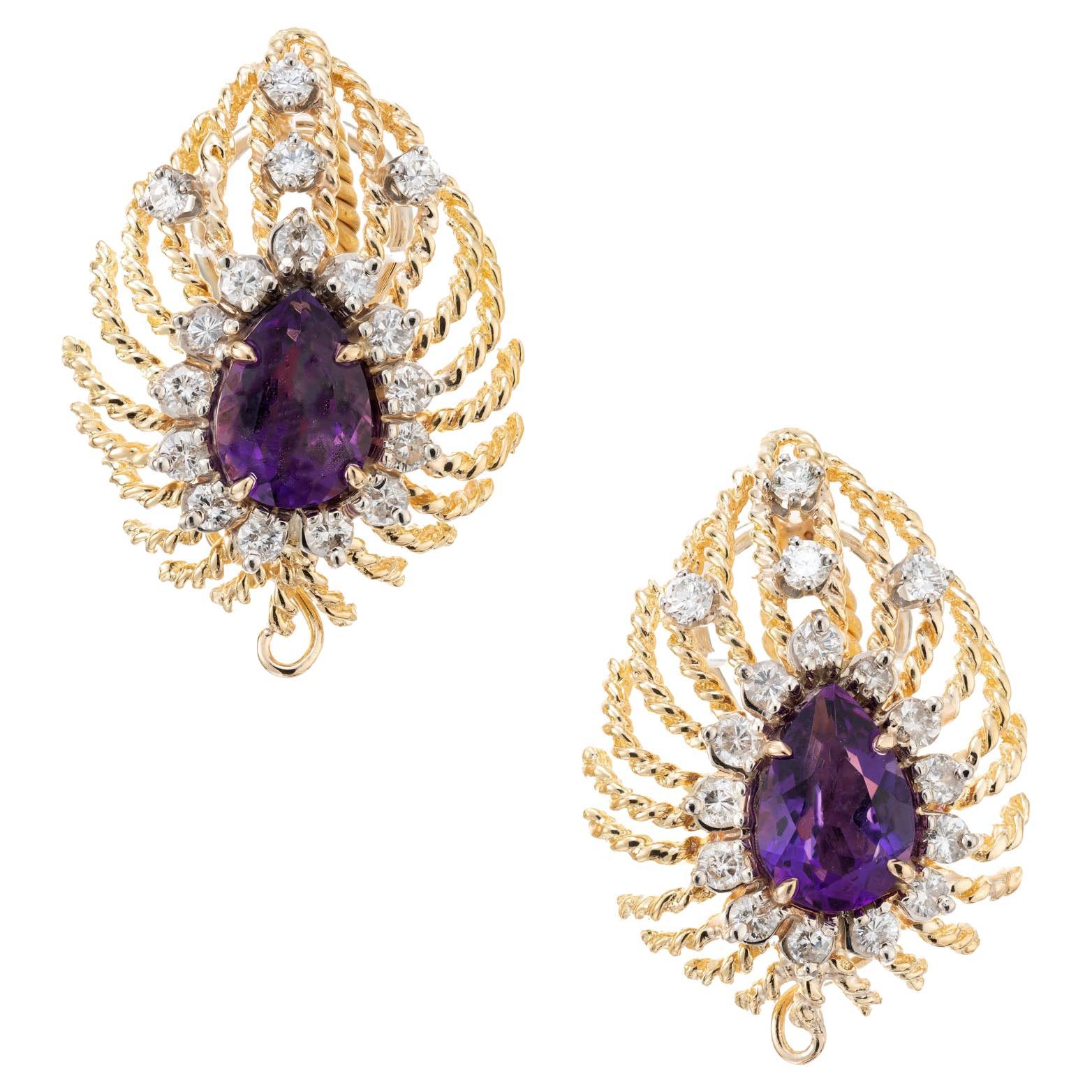 3.03 Carat Pear Shaped Amethyst Diamond Yellow White Gold Earrings