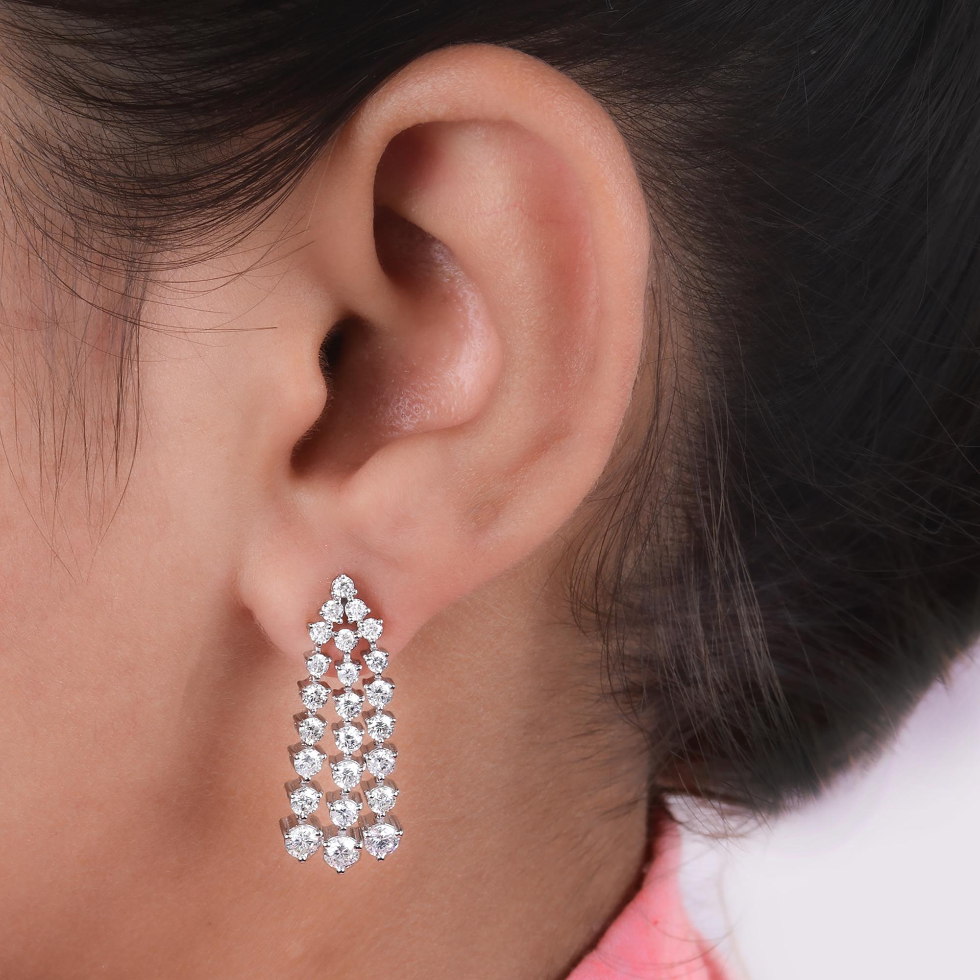 Modern 3.03 Carat Round Diamond Dangle Earrings 14 Karat White Gold Handmade Jewelry For Sale