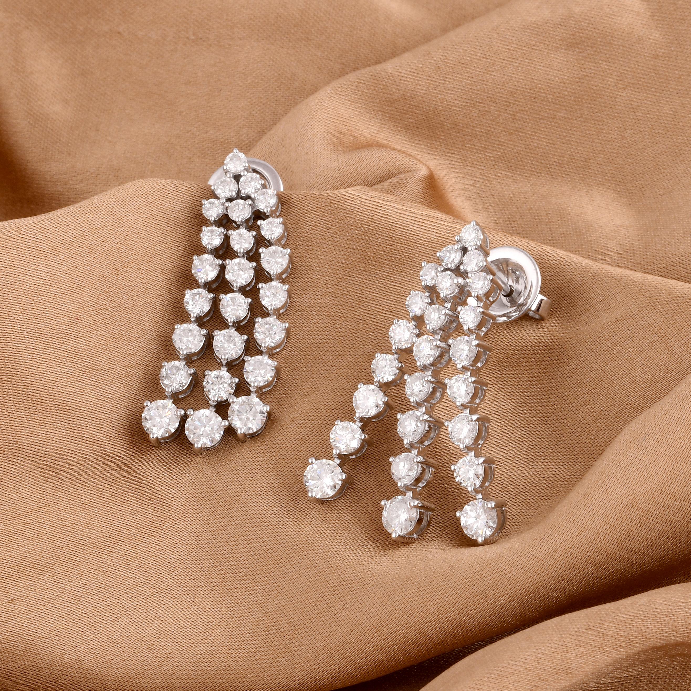 Round Cut 3.03 Carat Round Diamond Dangle Earrings 14 Karat White Gold Handmade Jewelry For Sale