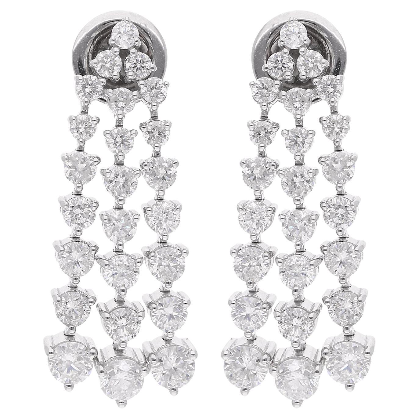 Pendants d'oreilles en or blanc 14 carats avec diamants ronds de 3,03 carats, fabrication artisanale