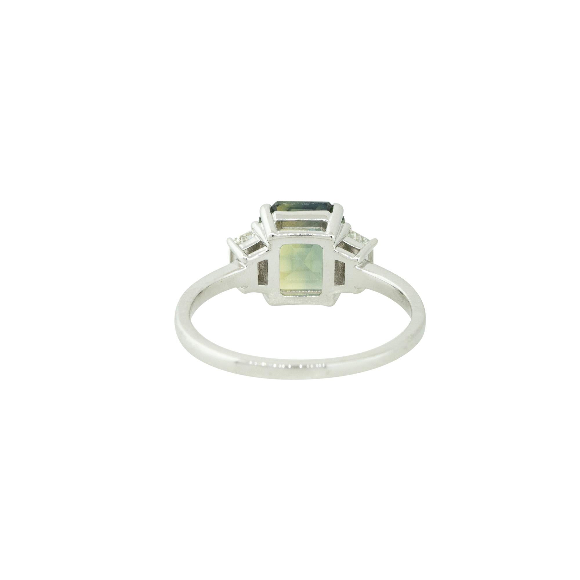 Square Cut 3.03 Carat Sapphire and Diamond Trapezoid Side Stone Ring 18 Karat in Stock For Sale