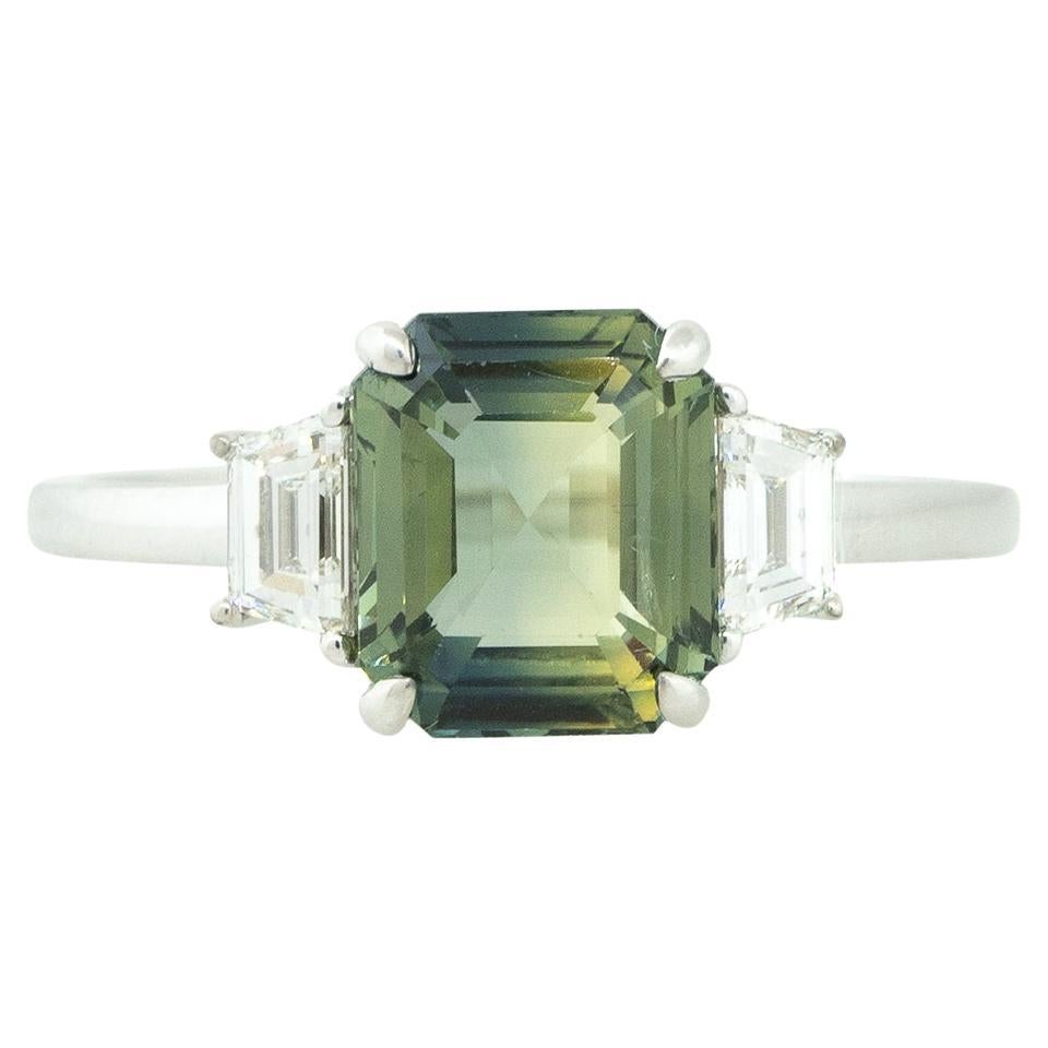 3.03 Carat Sapphire and Diamond Trapezoid Side Stone Ring 18 Karat in Stock