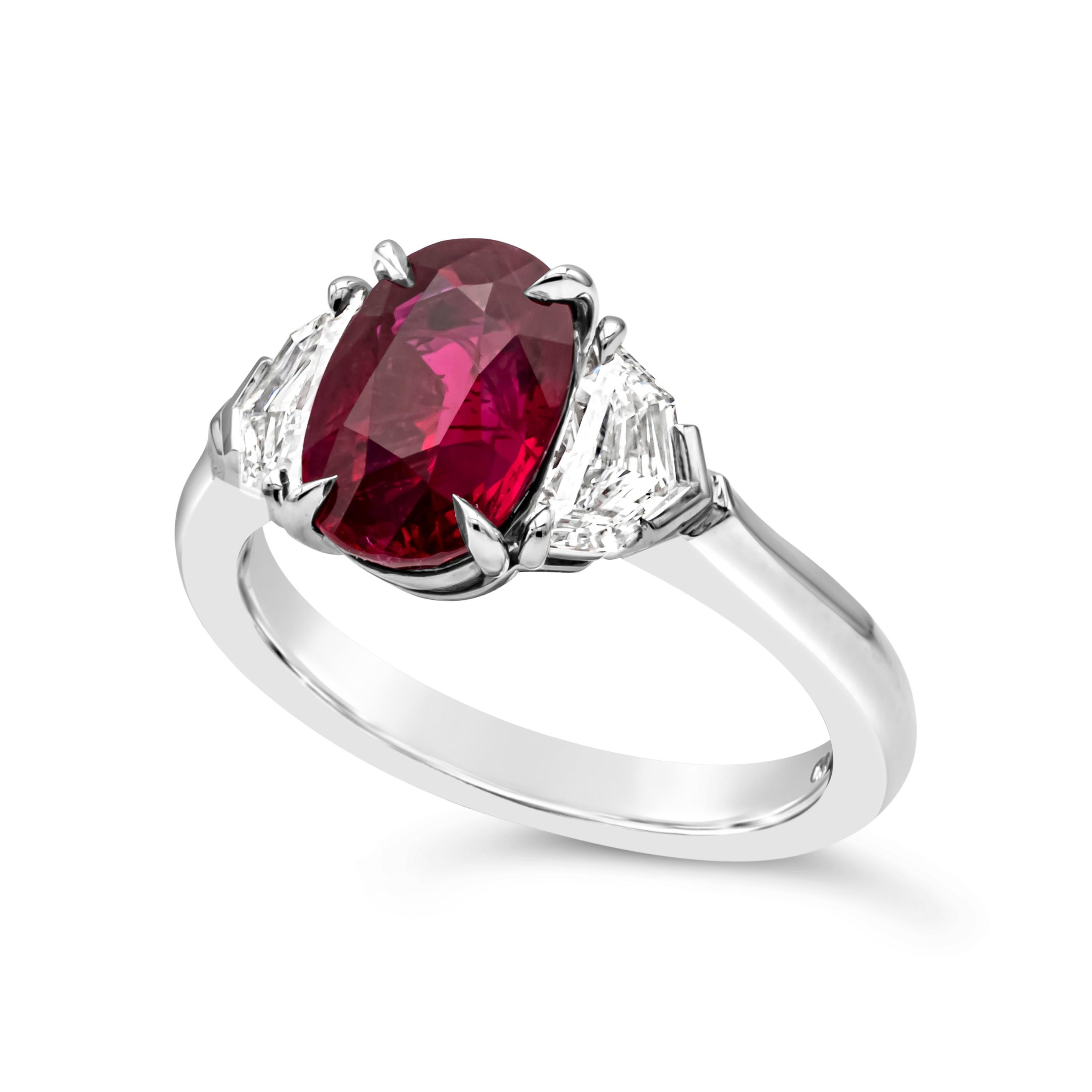 Contemporary 3.03 Carats Oval Cut Burmese Ruby & Diamond Three-Stone Engagement Ring  For Sale