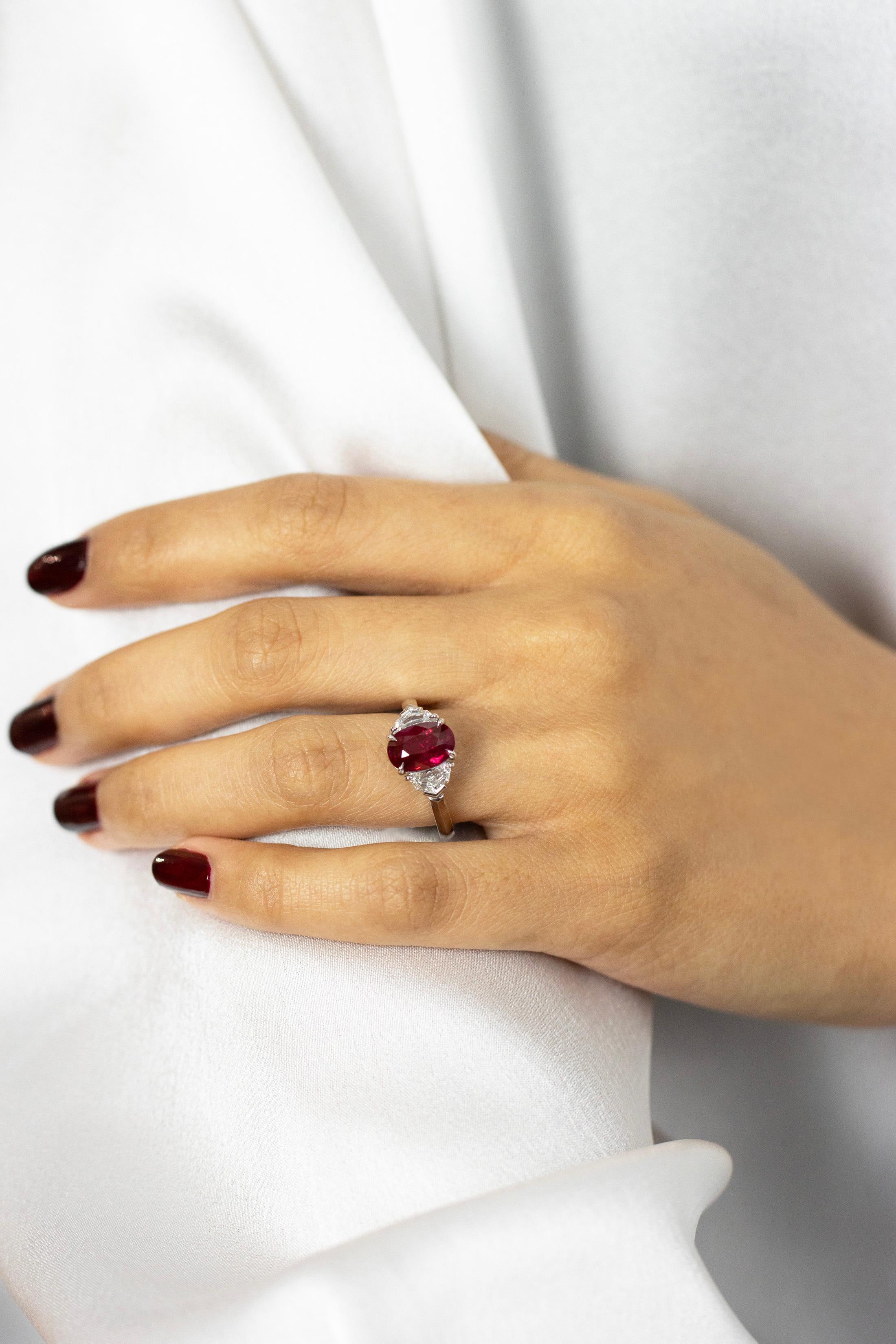Cushion Cut 3.03 Carats Oval Cut Burmese Ruby & Diamond Three-Stone Engagement Ring  For Sale
