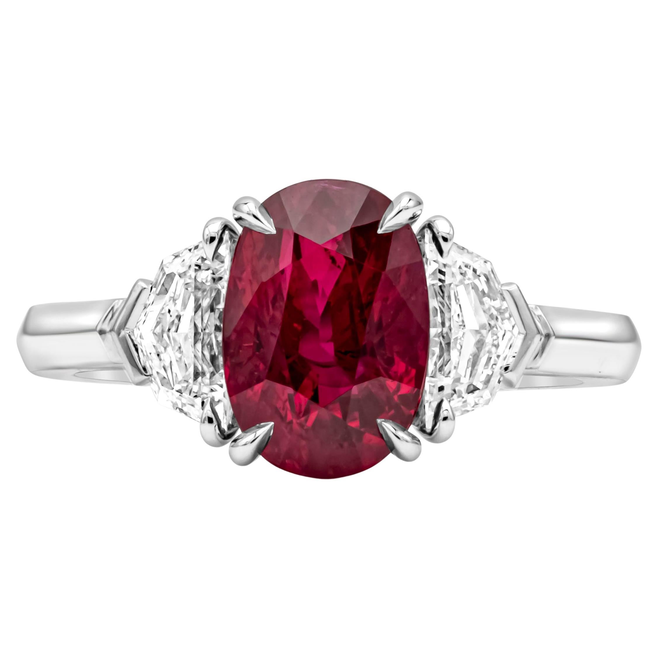 3.03 Carats Oval Cut Burmese Ruby & Diamond Three-Stone Engagement Ring  For Sale