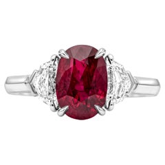 3.03 Carats Cushion Cut Burmese Ruby & Diamond Three-Stone Engagement Ring 