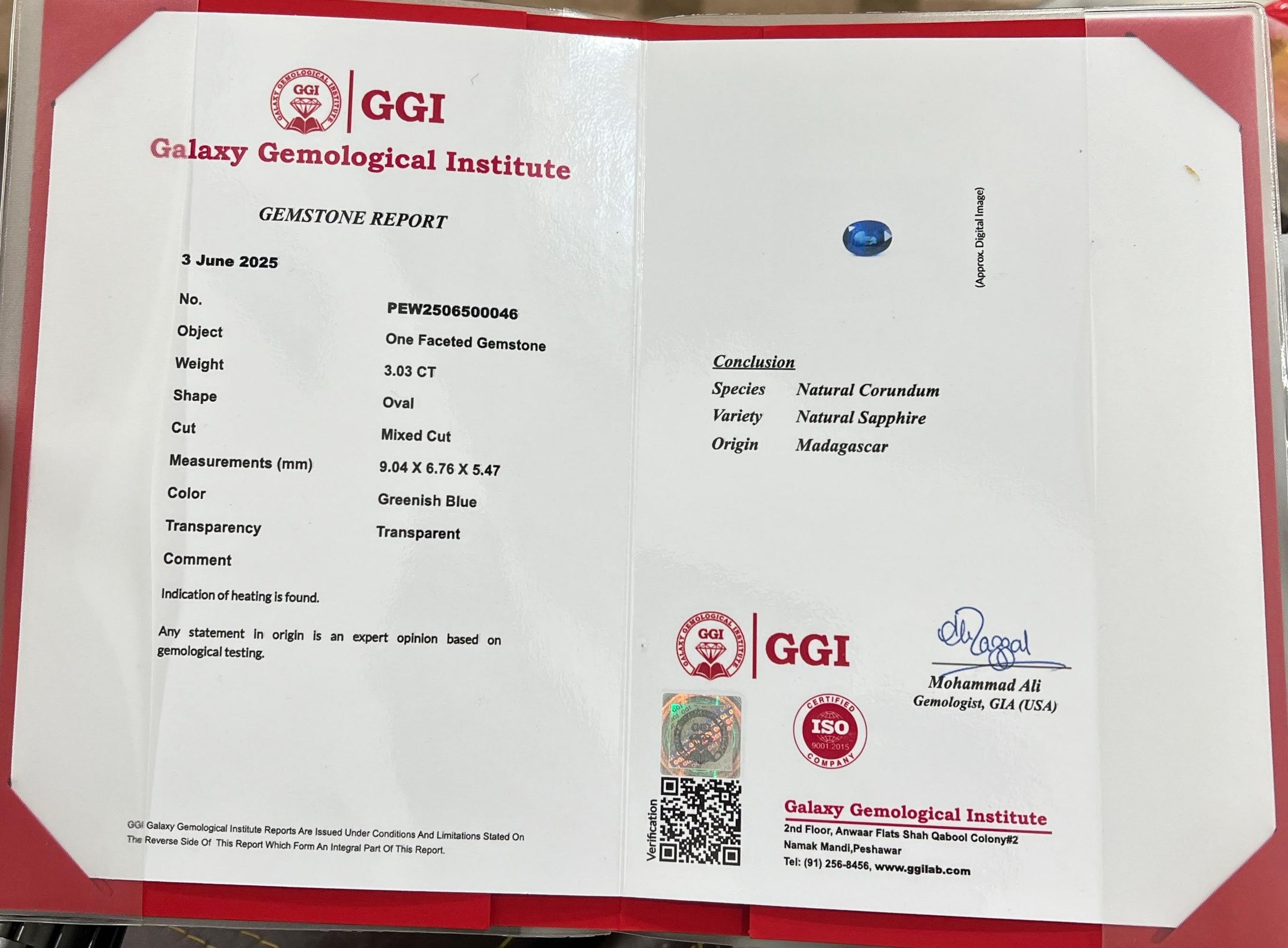 Weight 3.03 carat
Dimensions 9.04x6.76x5.47mm
Treatment None
Origin Madagascar
Clarity  VVS
Shape Oval
Cut Faceted
NA


This exquisite 3.03-carat Greenish Blue Sapphire hails from the renowned gem-rich soils of Madagascar and comes with trusted GGI
