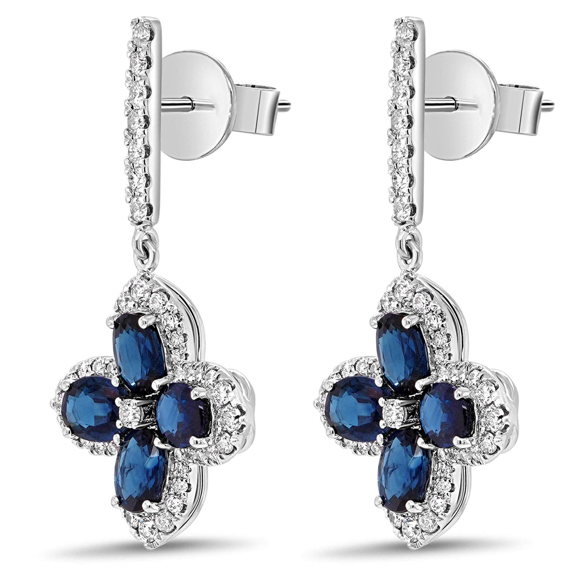 Oval Cut 3.03 Carats Soothing Royal Blue Sapphire & Diamond Chandelier Earring 18K For Sale