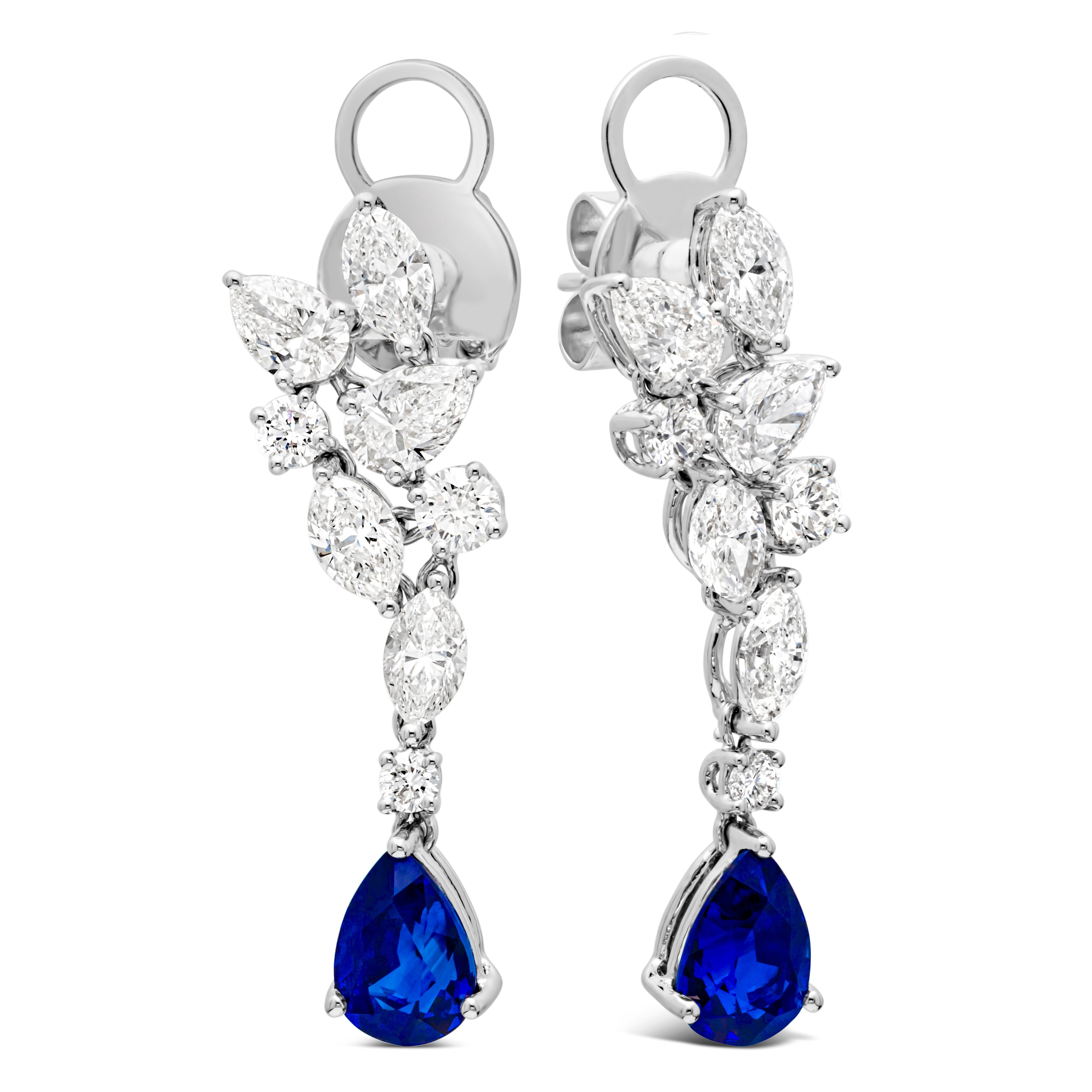 Contemporary 3.03 Carats Total Pear Shape Blue Sapphire and Mixed Cut Diamond Dangle Earrings For Sale