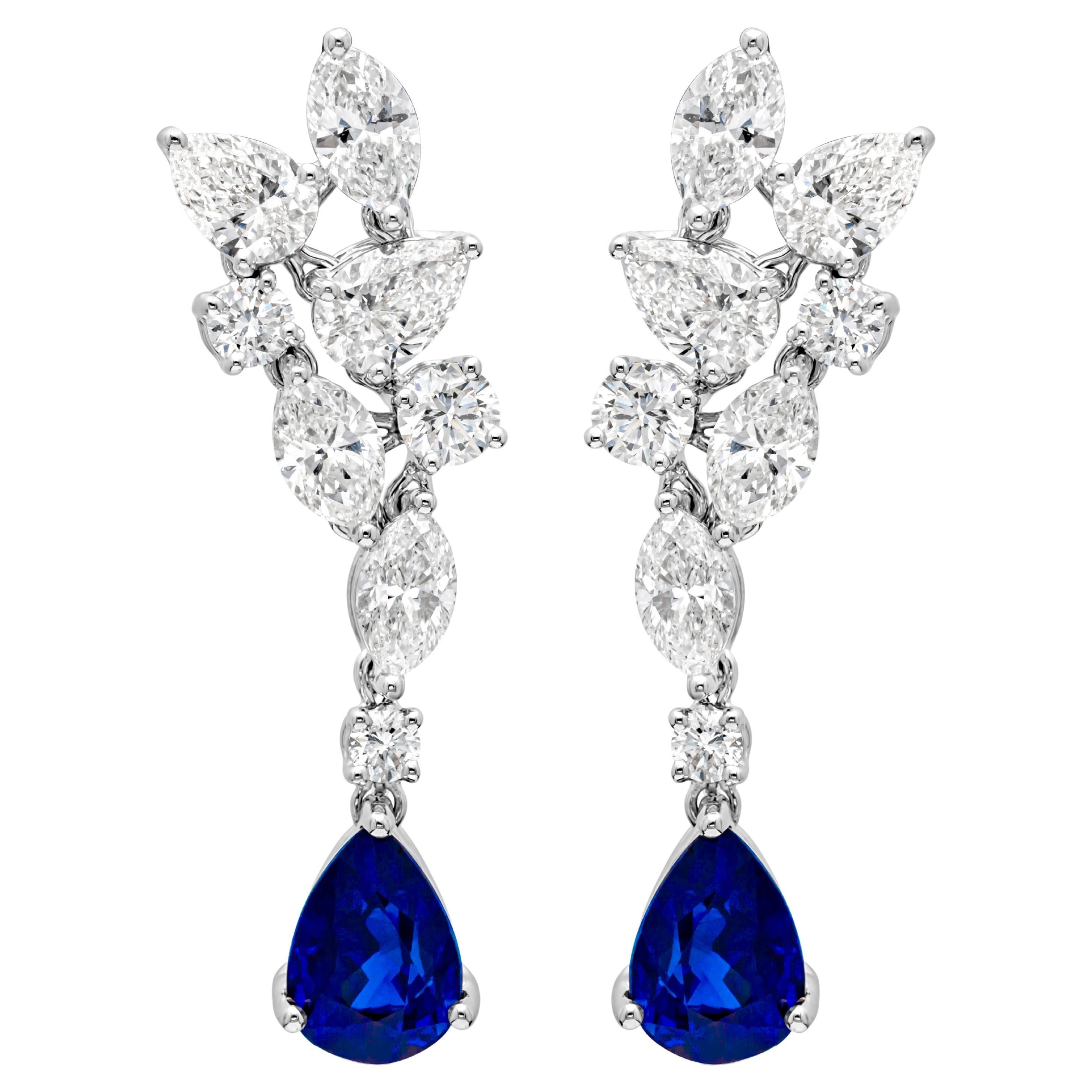 3.03 Carats Total Pear Shape Blue Sapphire and Mixed Cut Diamond Dangle Earrings