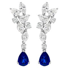 3.03 Carats Total Pear Shape Blue Sapphire and Mixed Cut Diamond Dangle Earrings