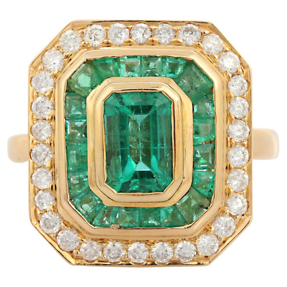 For Sale:  3.03 CTW Diamond and Emerald Cocktail Ring in 18 Karat Solid Yellow Gold