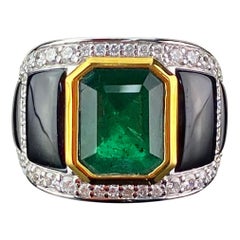 3.03 Emerald Cut and Black Onyx 18 Karat Gold Unisex Cocktail Ring