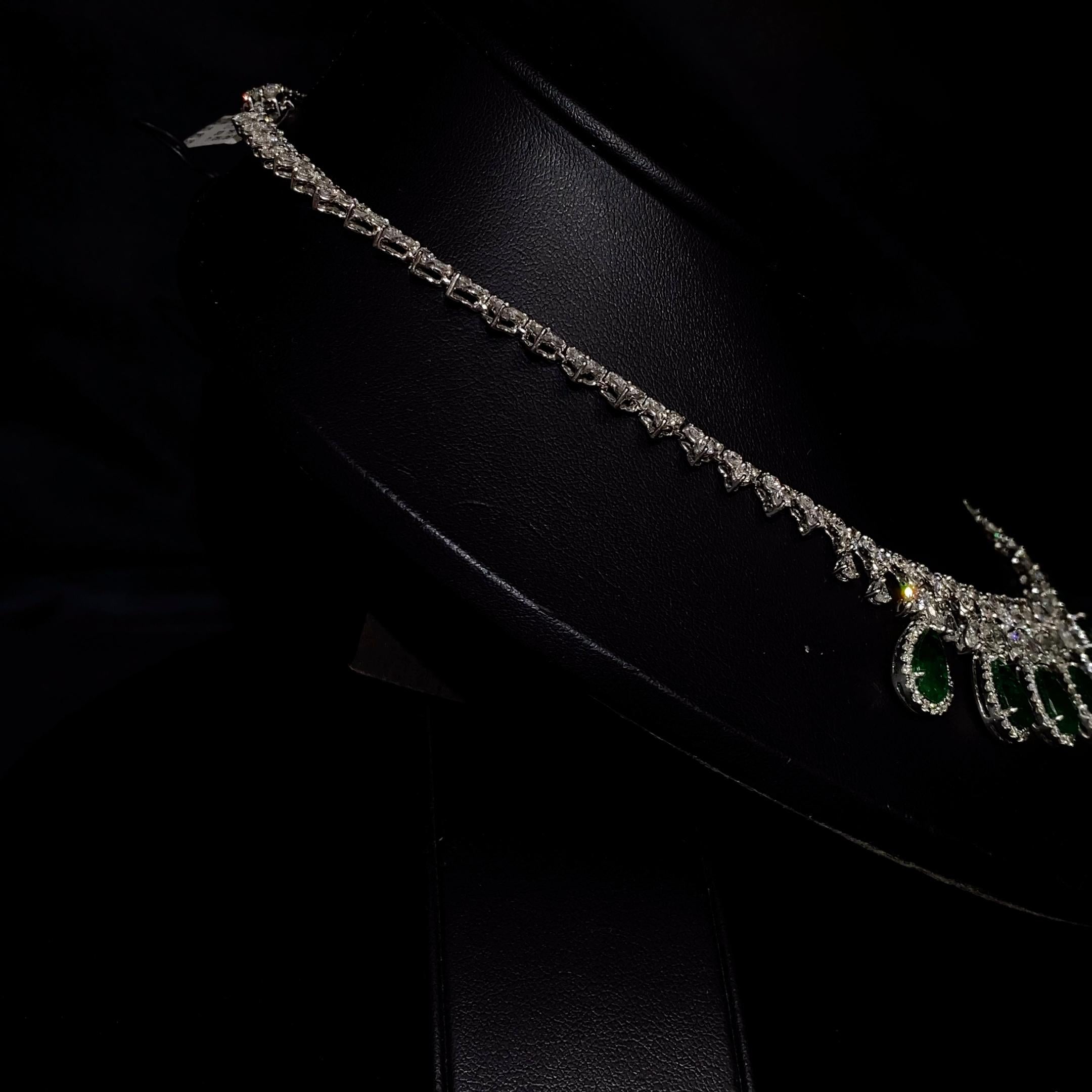 Contemporary 30.30 Carat Pear shape Emeralds and Diamond Necklace in Platinum For Sale