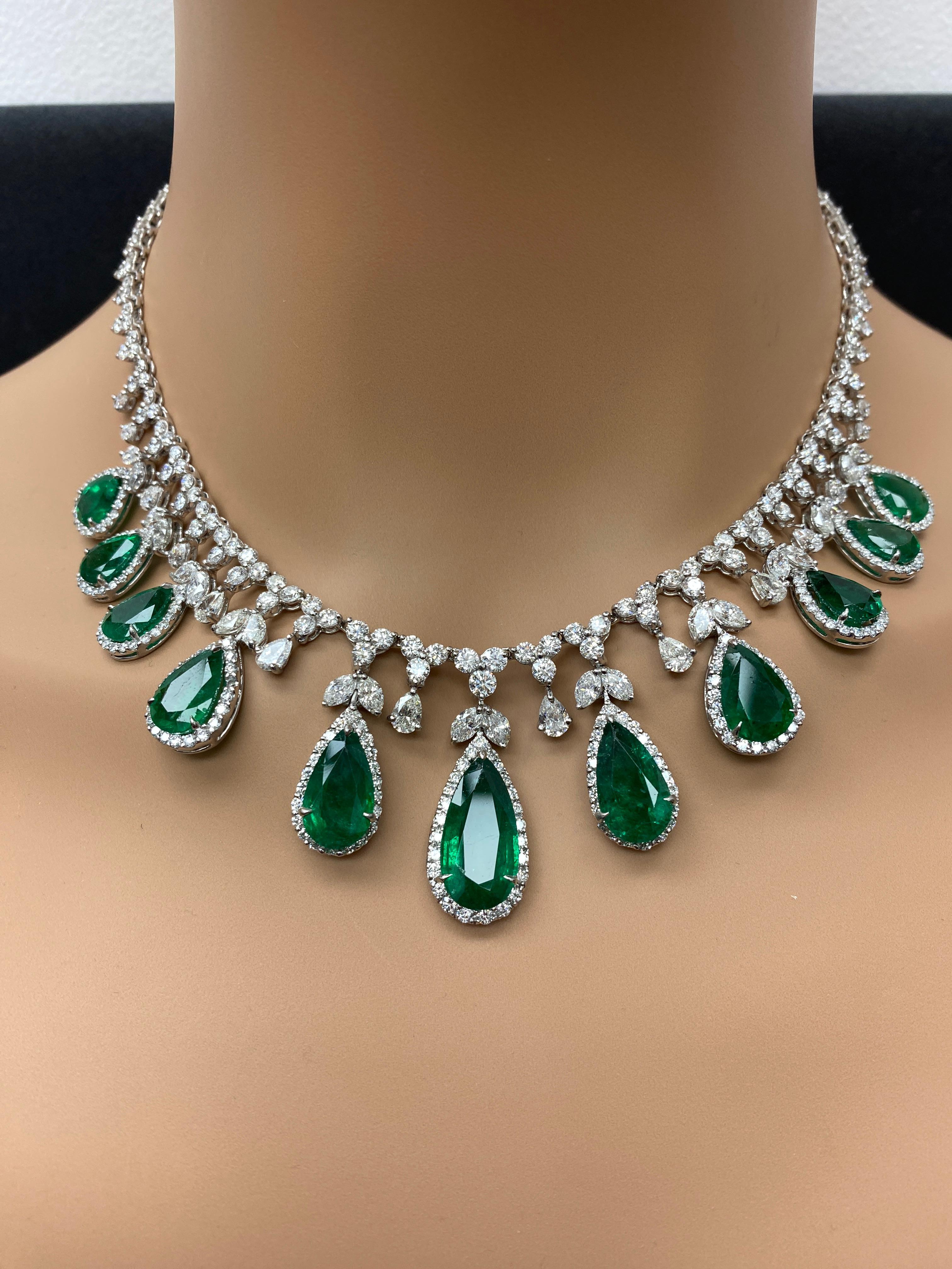 Women's 30.30 Carat Pear shape Emeralds and Diamond Necklace in Platinum For Sale