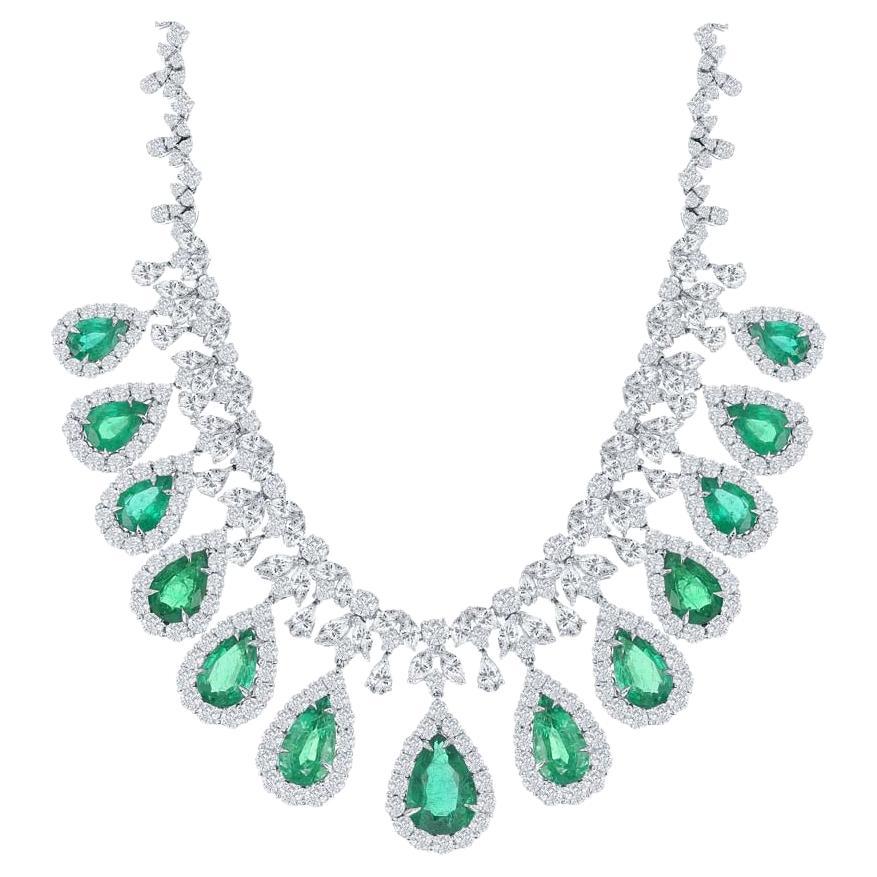 30.30 Carat Pear shape Emeralds and Diamond Necklace in Platinum For Sale