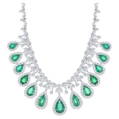 30.30 Carat Pear shape Emeralds and Diamond Necklace in Platinum