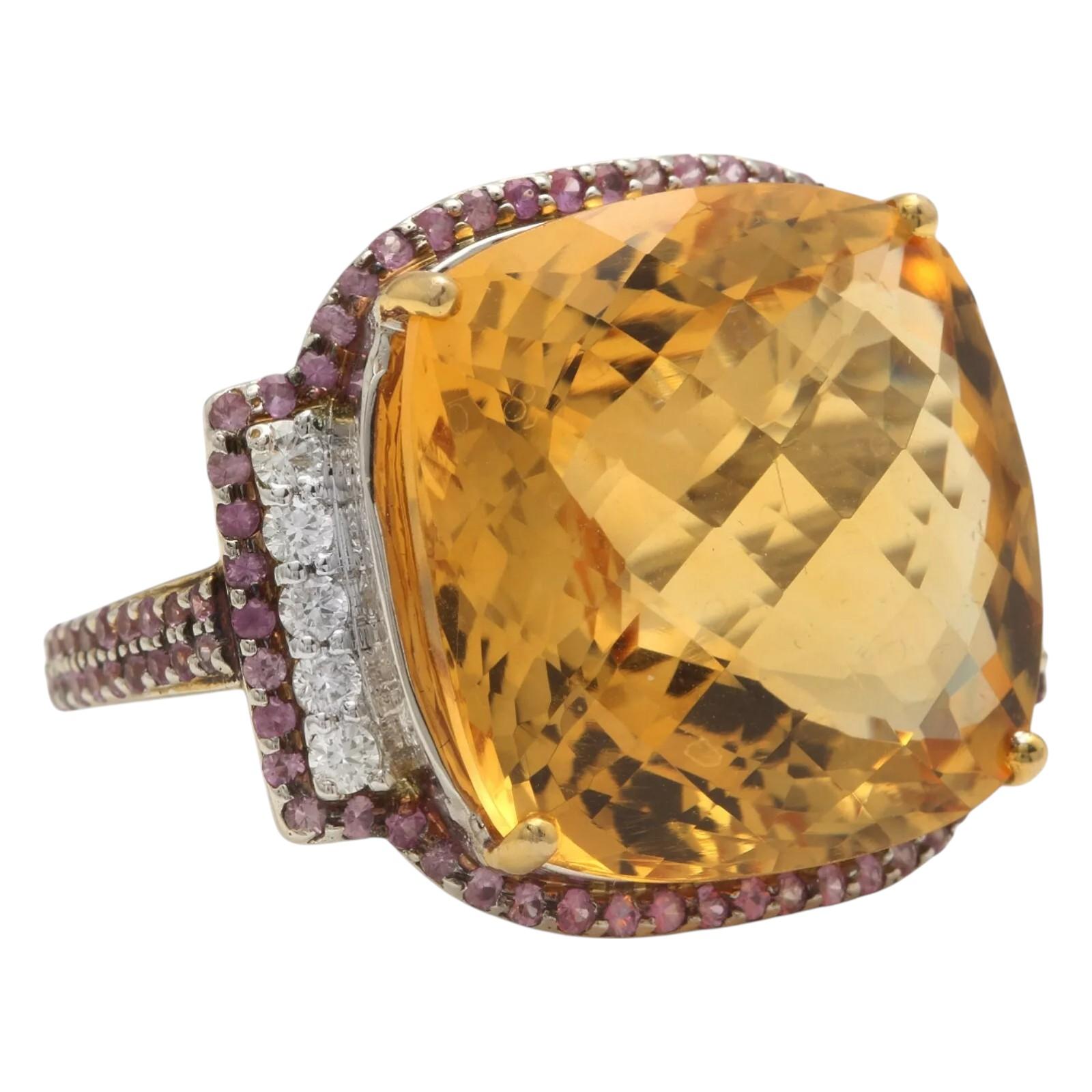  30.30 Carats Natural Citrine, Pink Sapphire and Diamond 18K Solid White Gold Ring






Suggested Replacement Value:  $9,500.00





Total Natural Cushion Citrine Weight is: Approx. 30.00 Carats 



Citrine Measures: Approx. 20.00 x 20.00mm



Side