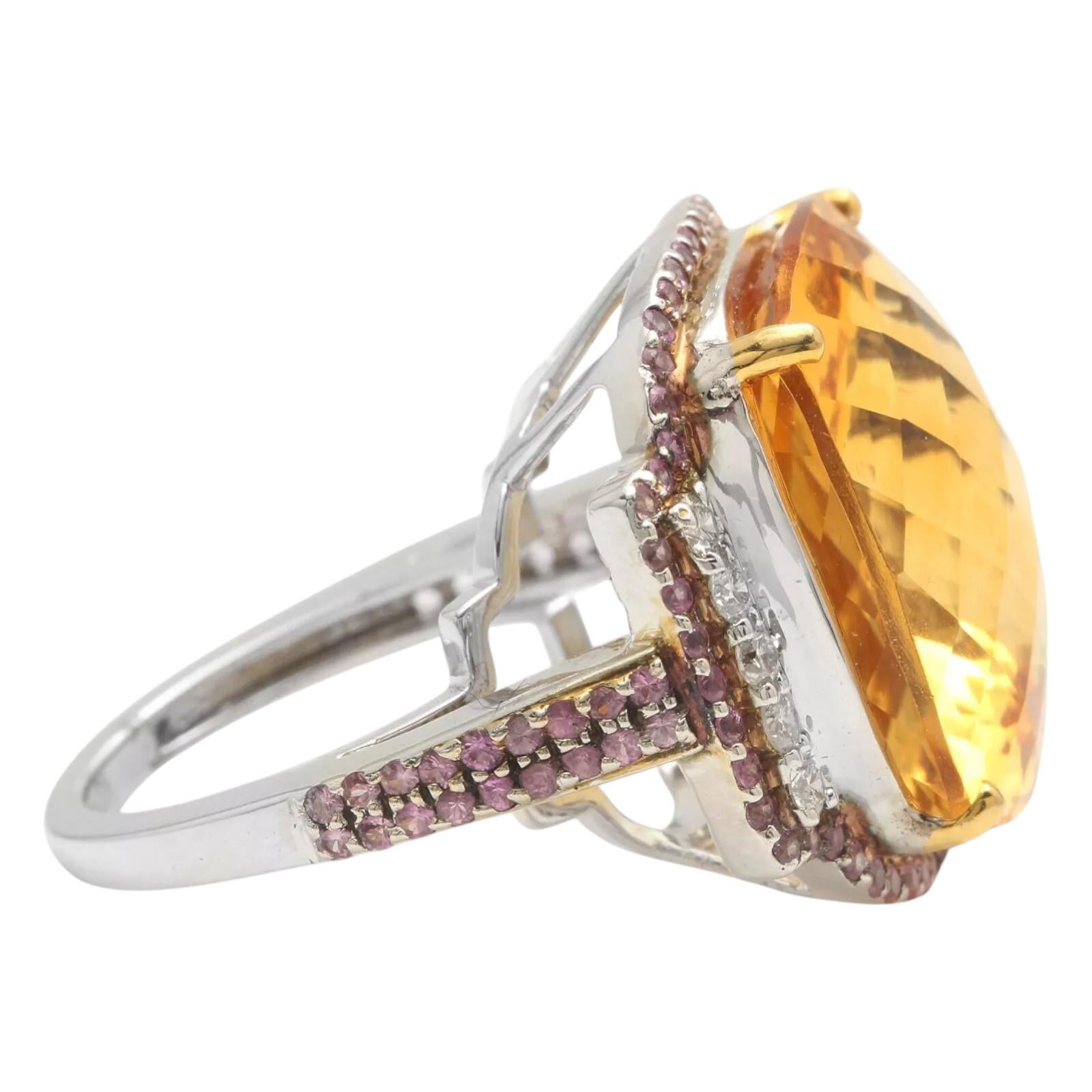 Modern 30.30Ct Natural Citrine, Pink Sapphire and Diamond 18K Solid White Gold Ring For Sale