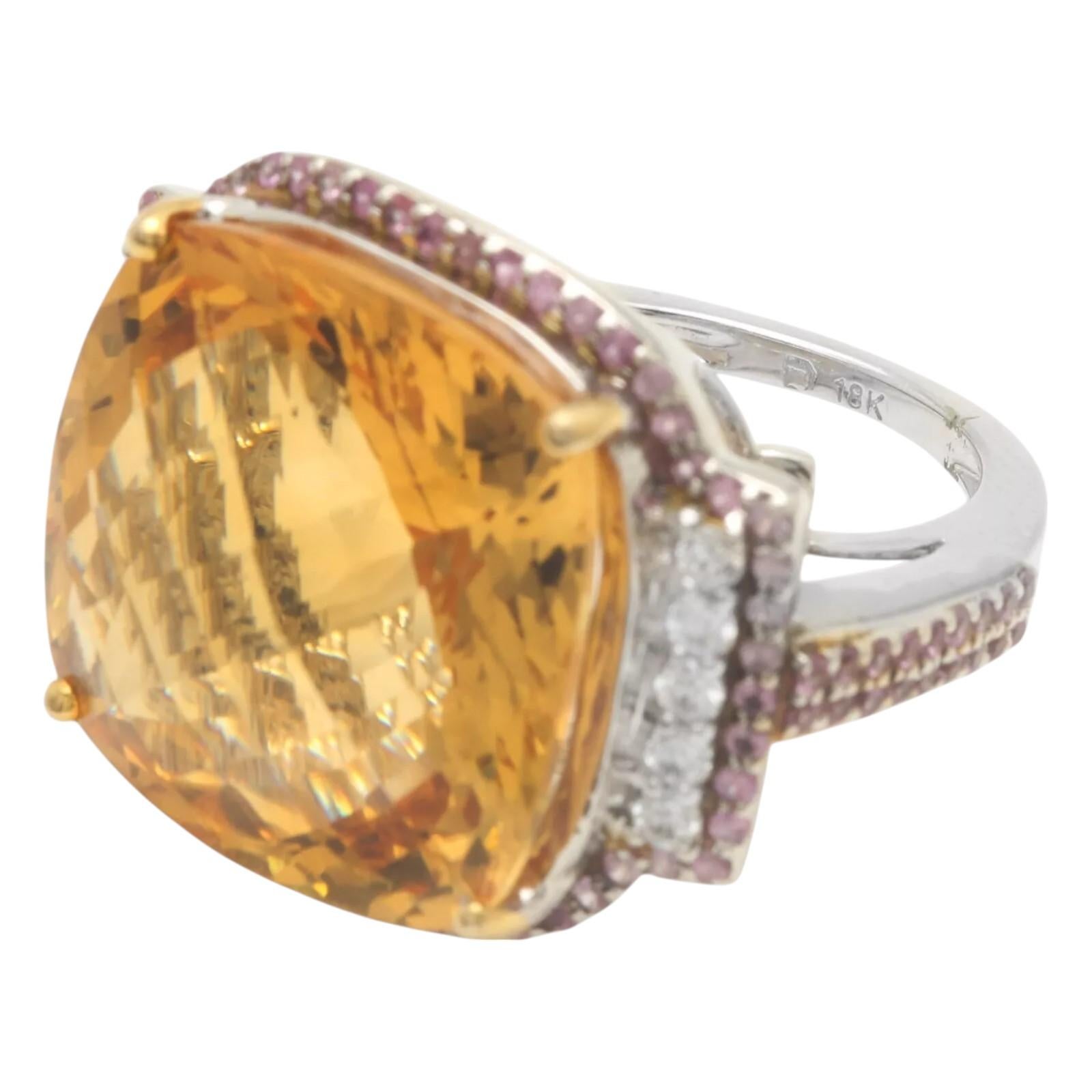 30.30Ct Natural Citrine, Pink Sapphire and Diamond 18K Solid White Gold Ring In Excellent Condition For Sale In Los Angeles, CA