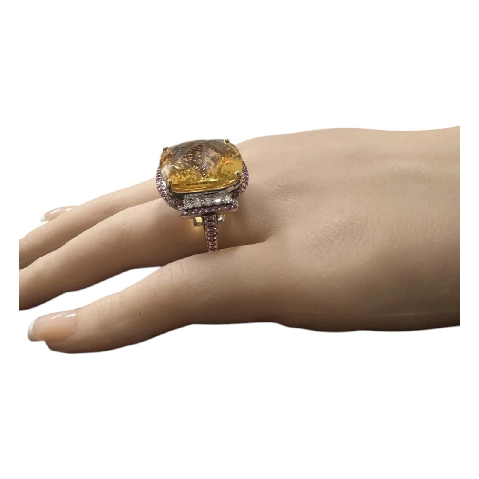 30.30Ct Natural Citrine, Pink Sapphire and Diamond 18K Solid White Gold Ring For Sale 2