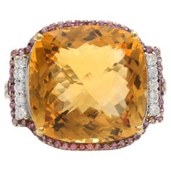 30.30Ct Natural Citrine, Pink Sapphire and Diamond 18K Solid White Gold Ring
