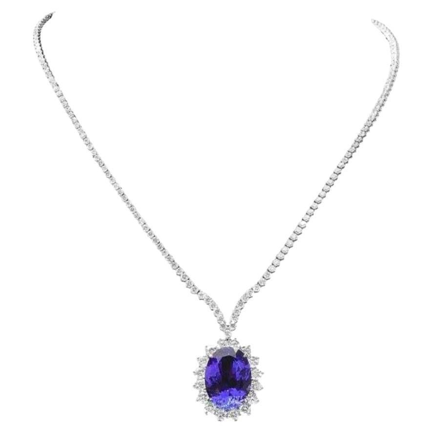 30.30Ct Natural Tanzanite and Diamond 18K Solid White Gold Necklace For Sale