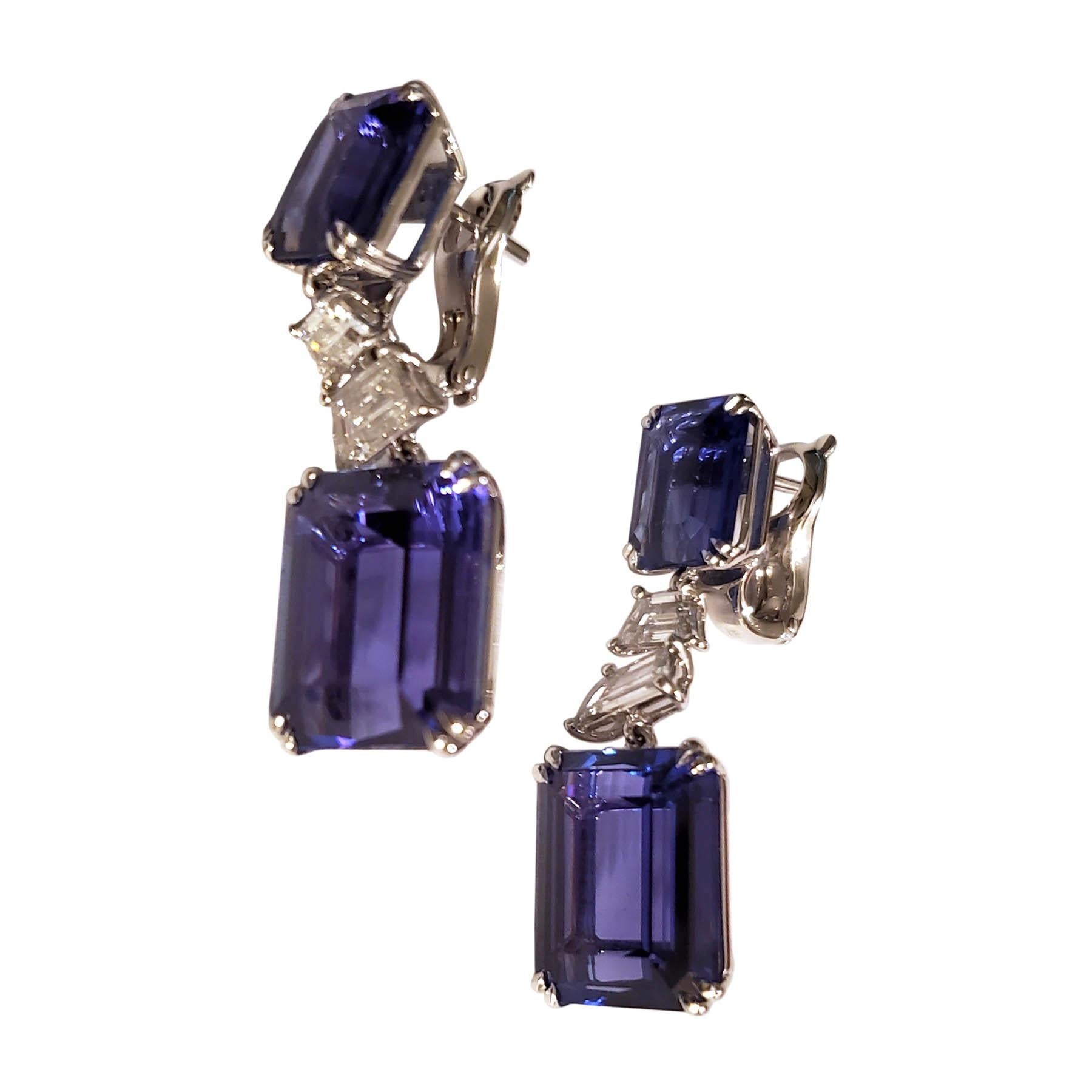 Modern 30.32 Carat Natural Tanzanite and White Diamond Gold Dangle Earrings For Sale
