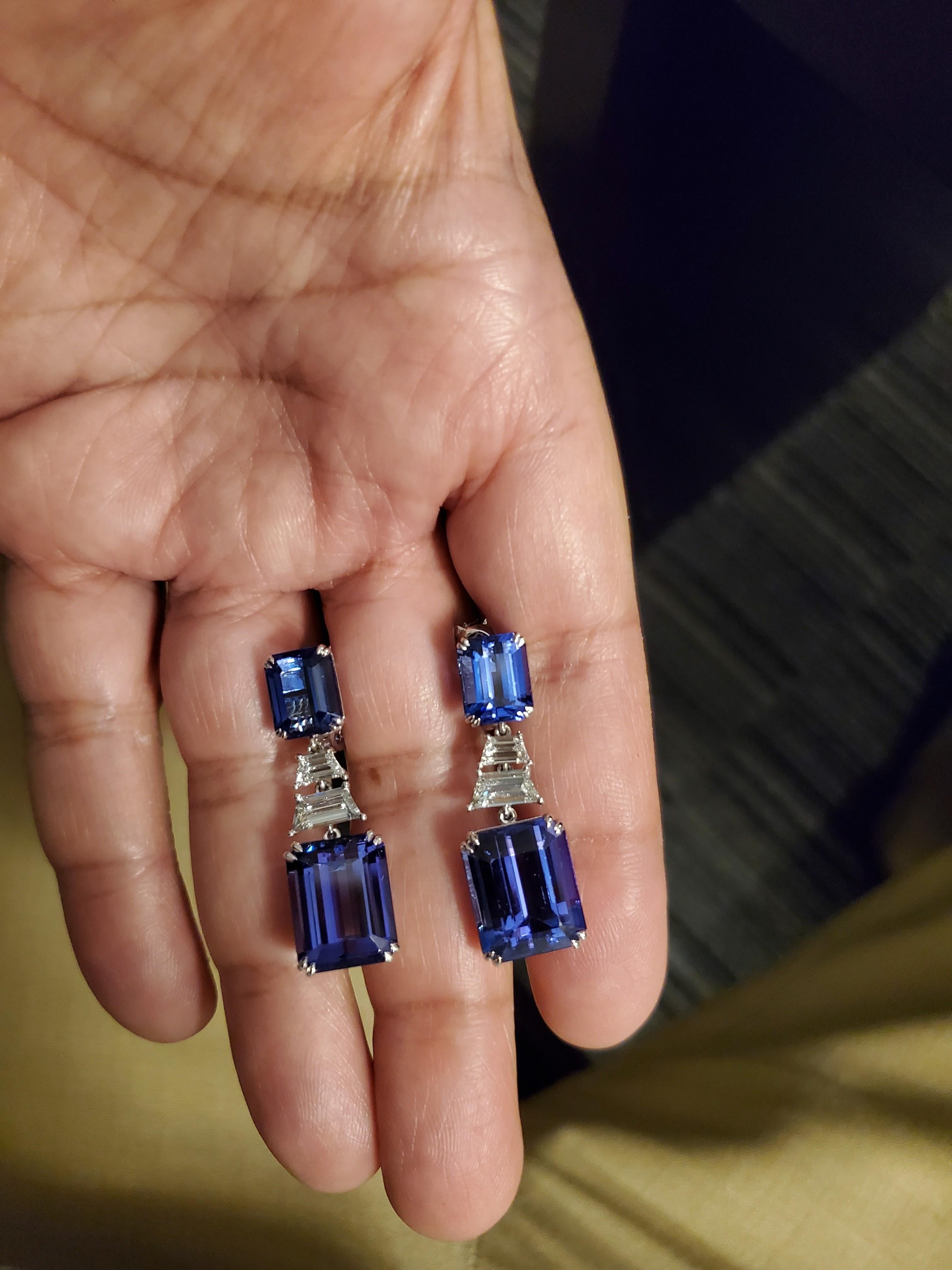 Octagon Cut 30.32 Carat Natural Tanzanite and White Diamond Gold Dangle Earrings For Sale